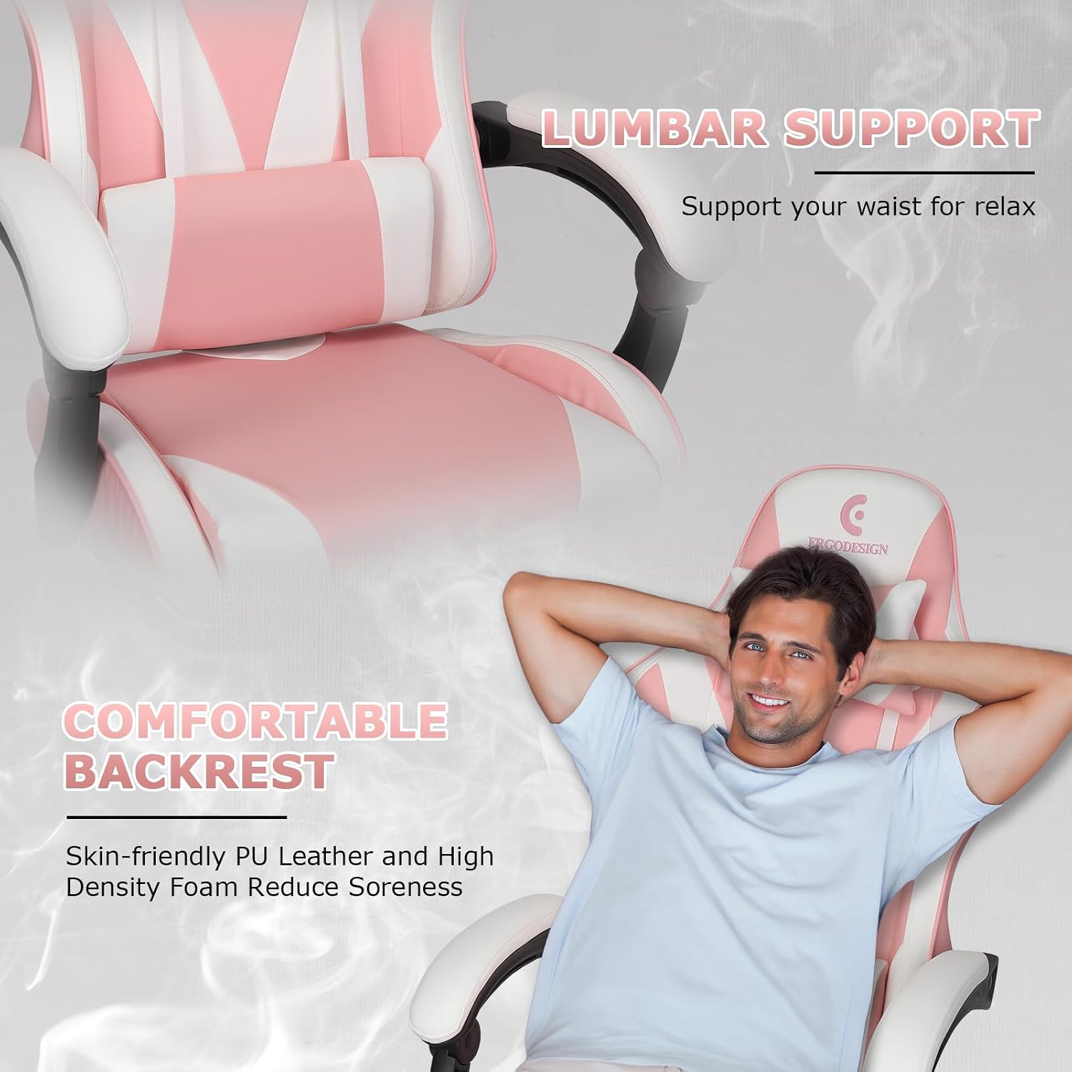 Gaming Chair with Linkage Armrest & Footrest, High Back Video Gaming Chair, Pink/White