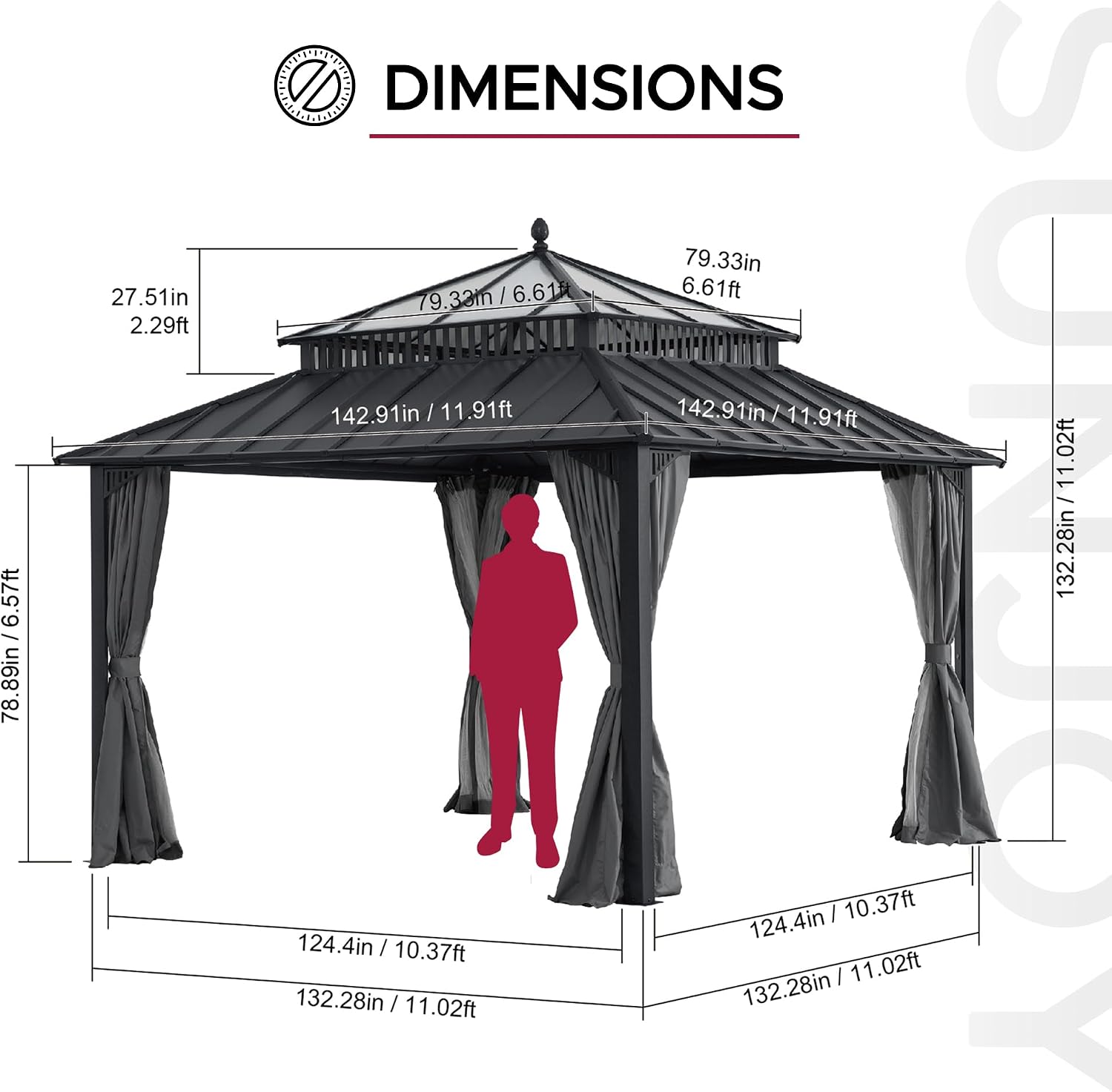 SUNJOY Kingston 12' x 12' Hardtop Gazebo with Galvanized Steel/Polycarbonate Double Roof, Curtain and Netting, Gray Aluminum Posts Permanent Pavilion Gazebo for Garden, Patio, Deck, Lawn
