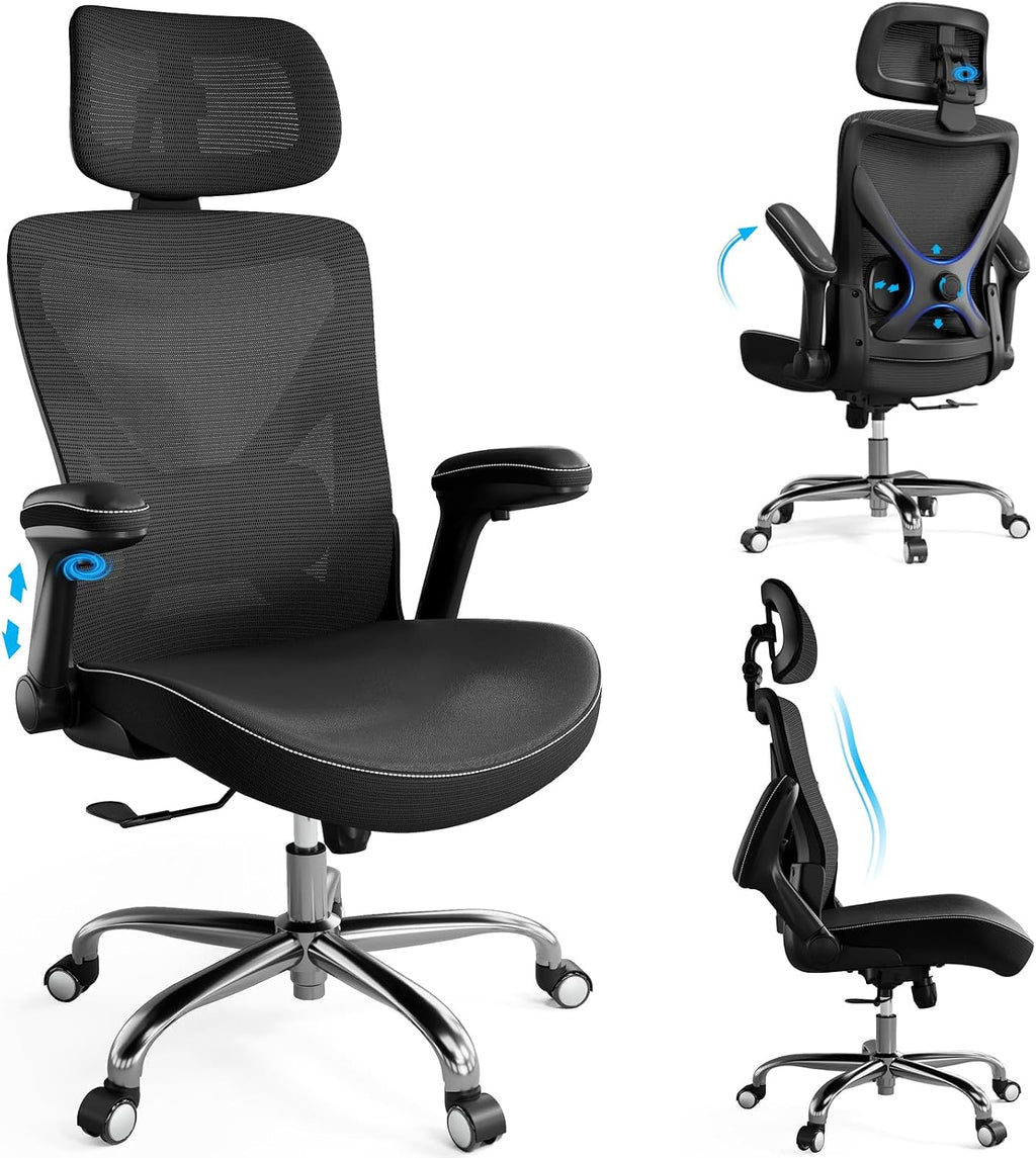 Ergalithic Ergonomic Office Chair-Computer X-Shaped Chair Mesh PU Leather with Adjustable Lumbar Support-Executive Desk Chair High Back with Headrest Flip-Up Arms for Long Hours (Black)