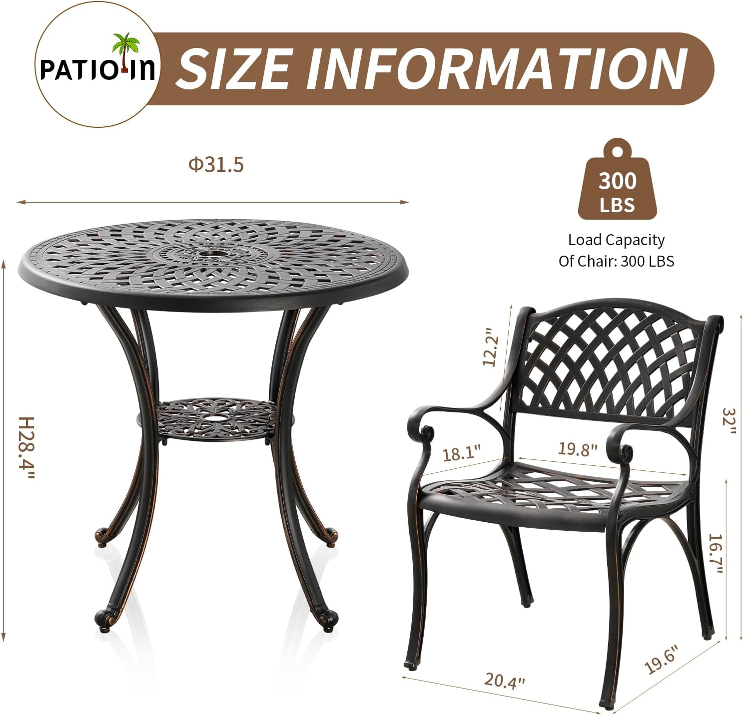 Cast Aluminum Patio Dining Set, Outdoor Bistro Set, 31.5' Round Outdoor Dining Table with Umbrella Hole, 2 Patio Chairs for Yard Porch Garden Balcony