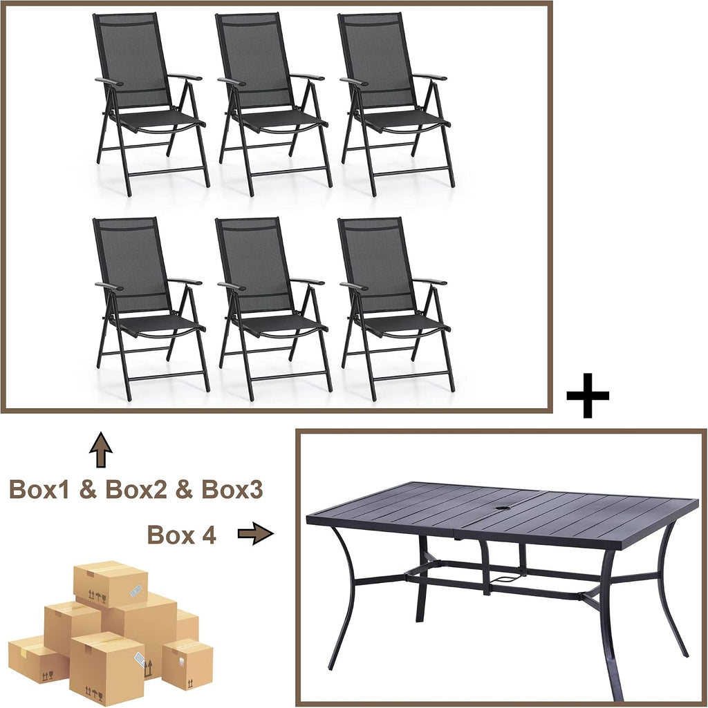 Sophia & William 7 Pieces Patio Dining Set, Outdoor Dining Set with 6 Foldable High Back Textilene Patio Chairs, Black, 1.57'-1.9' Adjustable Umbrella Hole
