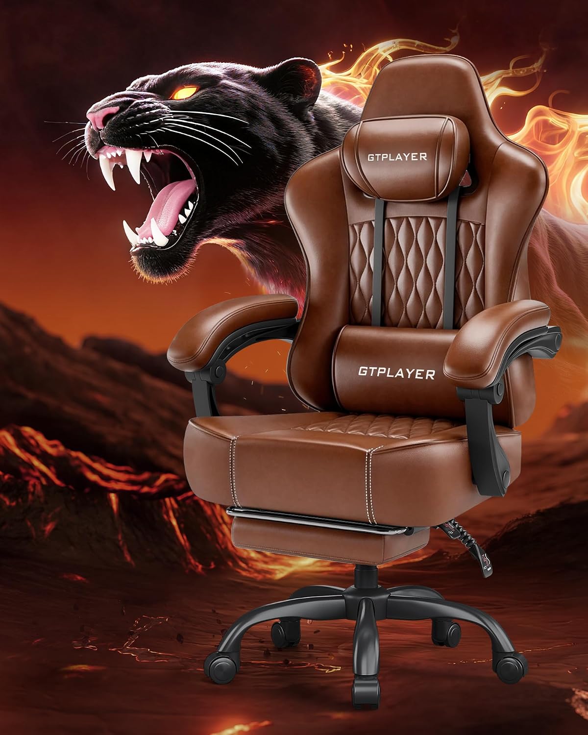 GTPLAYER Big and Tall Gaming Chair with Footrest, Ergonomic Office Desk Chair with 4.4in Thick Cushion and Wide Wingless Seat, Comfortable Leather Computer Chair, Predator Series, Chocolate Brown