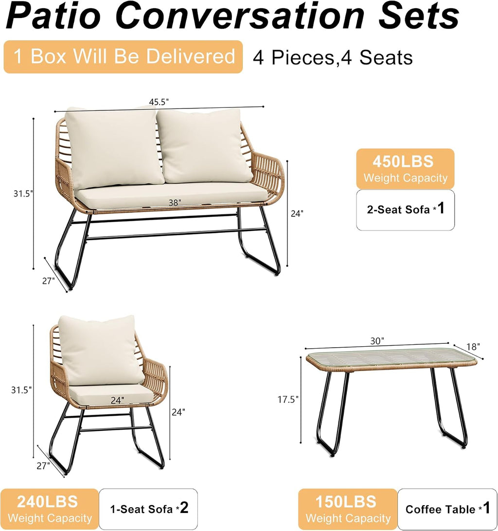 LEX CRAFT 4-Piece Outdoor Patio Furniture Set with Cushions & Tempered Glass Table, All-Weather Rattan Bistro Set with Loveseat Chairs Table Soft Cushions for Garden, Porch, Backyard (Yellow)