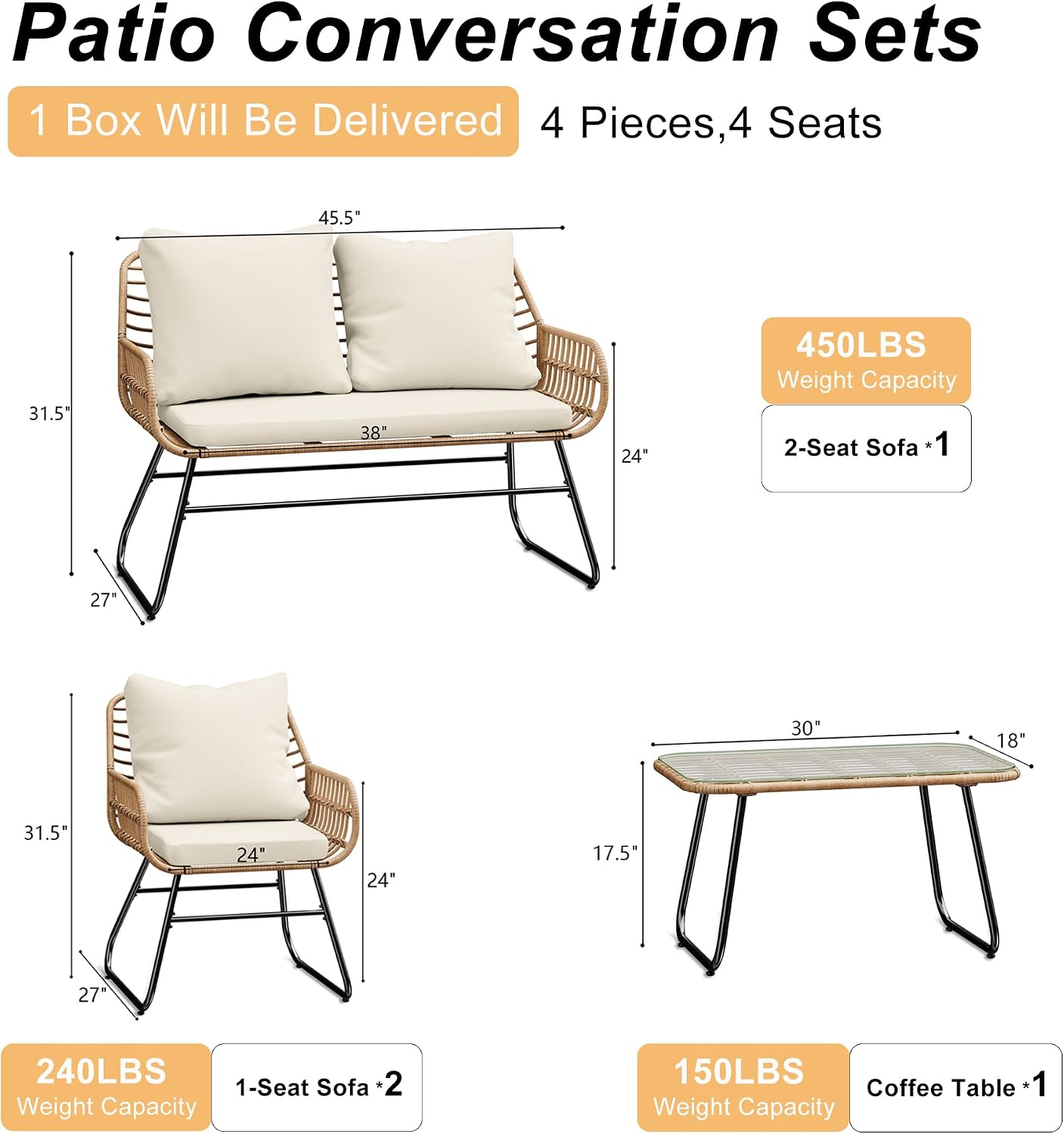 LEX CRAFT 4-Piece Wicker Outdoor Patio Furniture Set with Cushions & Tempered Glass Table, All-Weather Rattan Bistro Set with Loveseat Chairs Table Soft Cushions for Garden, Porch, Backyard (Beige)
