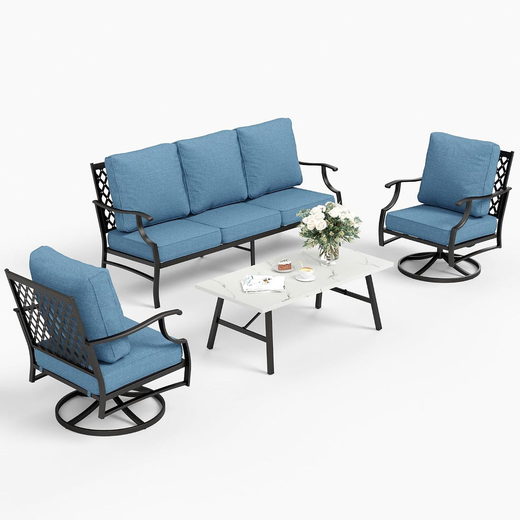 SUNSHINE VALLEY 4 Piece Metal Outdoor Patio Furniture Set, Patio Conversation Sets 1 3-seater Sofa, 2 Swivel Chair with 5.75' Extra Thick Cushion and Coffee Table, Black Frame Backyard Furniture, Navy