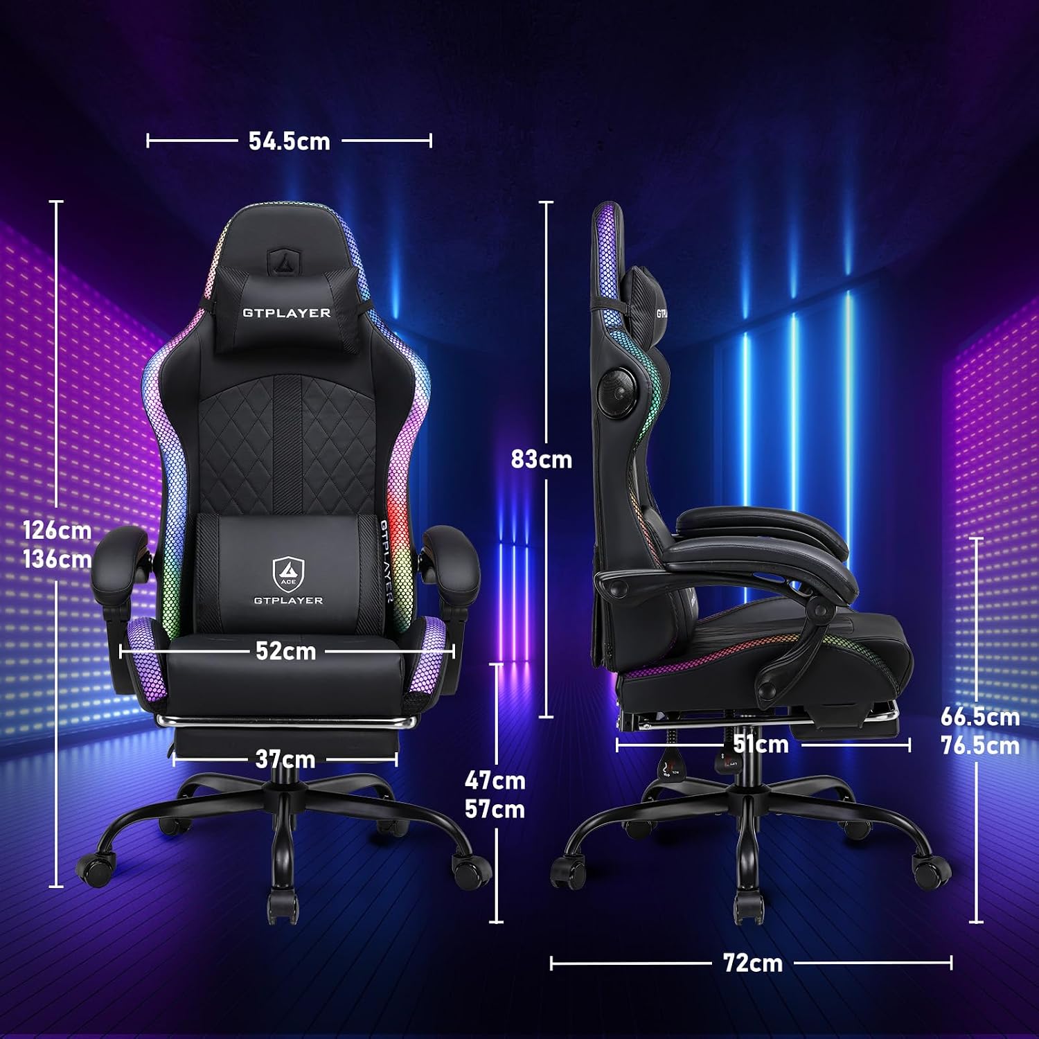 GTPLAYER RGB Gaming Chair with Speakers, Computer Gamer Chair with Footrest and LED Lights, PC Gaming Chairs for Adults, High Back Reclining Office Chairs, Linkage Armrest (Black)