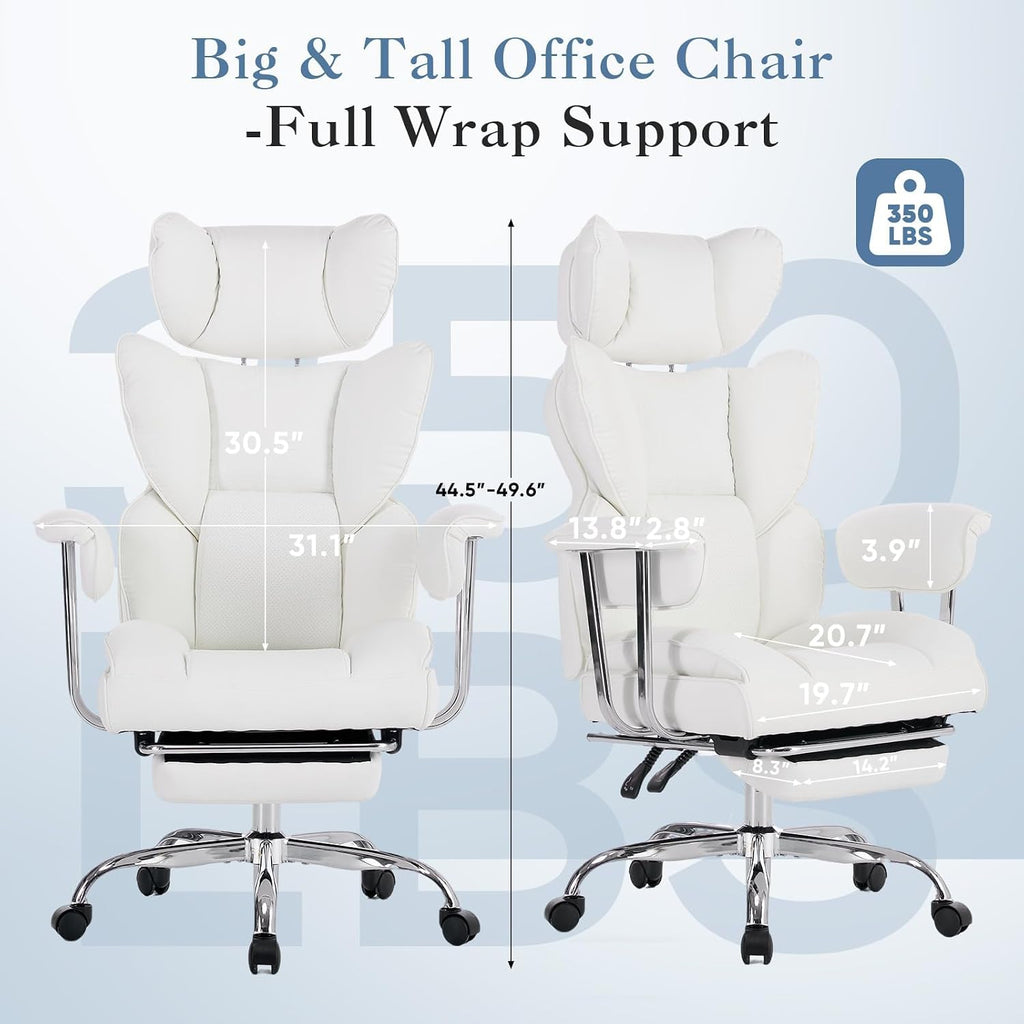 Big and Tall Gaming Computer Chair, Scratch-Resistant PU Leather Executive Office Desk Chair with Footrest, Ergonomic Reclining Computer Chair with Pocket Spring Support for Home Office, Beige
