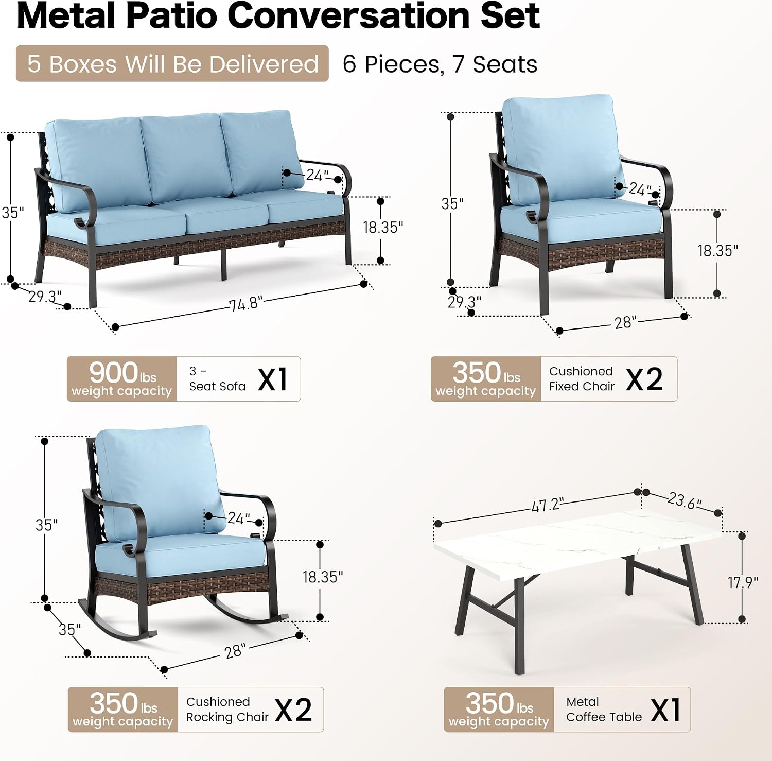 SUNSHINE VALLEY 6 Piece Metal Outdoor Patio Furniture Set, 1 3-Seater & 2 Fixed Sofa, 2 Rocking Sofa with 5.75' Thick Cushion & Coffee Table - Black & Blue