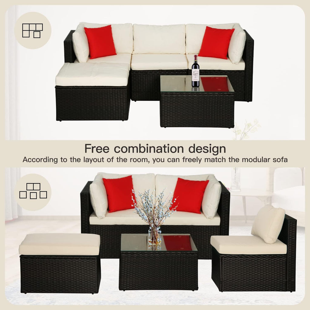 5 Pieces Patio Furniture Sets Outdoor Furniture Patio Sofa Wicker Sectional Sofa Modular Outdoor Conversation Set with 2 Red Pillow 2 Corner Chairs Armless Chair Ottoman Glass Table,Khaki Cushion