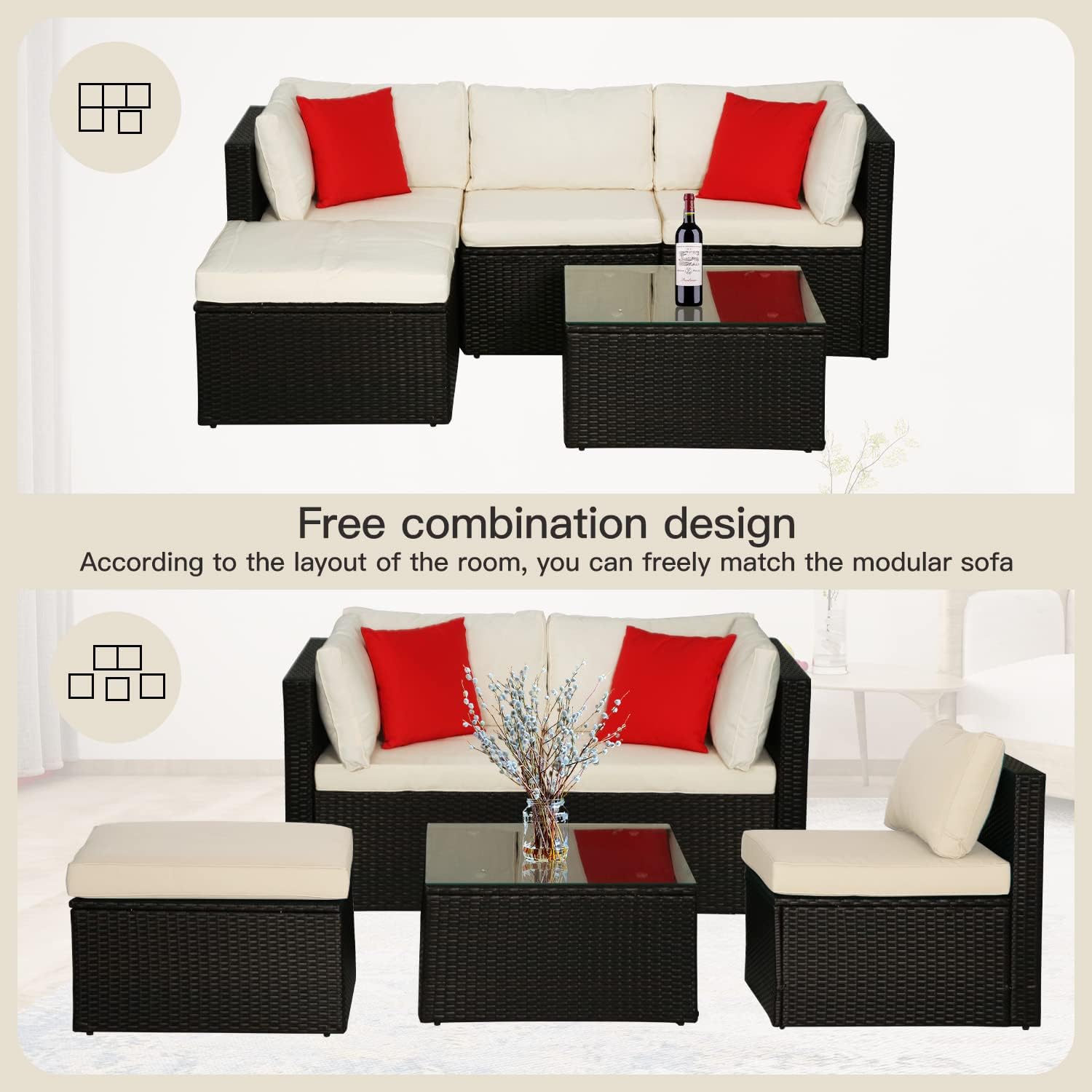5 Pieces Patio Furniture Sets Outdoor Furniture Patio Sofa Wicker Sectional Sofa Modular Outdoor Conversation Set with 2 Red Pillow 2 Corner Chairs Armless Chair Ottoman Glass Table,Khaki Cushion