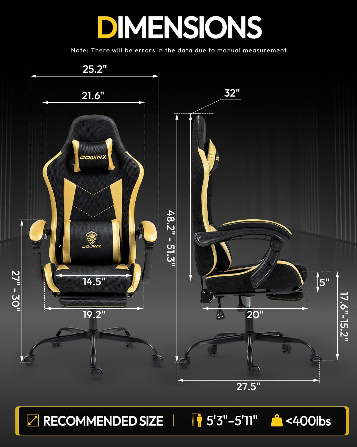 Gaming Chair with Footrest, Ergonomic 330lbs Leather Mesh Chair, Massage Lumbar Support,Adjustable Height & Headrest,Breathable Seat for Office, Home, Streaming, Long Gaming Sessions, Black and Golden