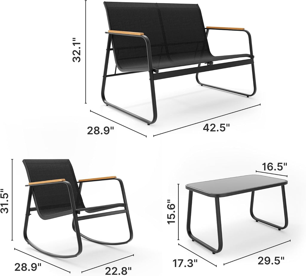Ahomly 4-Piece Patio Furniture Set, Textilene Outdoor Conversation Set with 2 Rocking Chairs and Tempered Glass Coffee Table, for Lawn, Garden, Balcony, Poolside (Black)