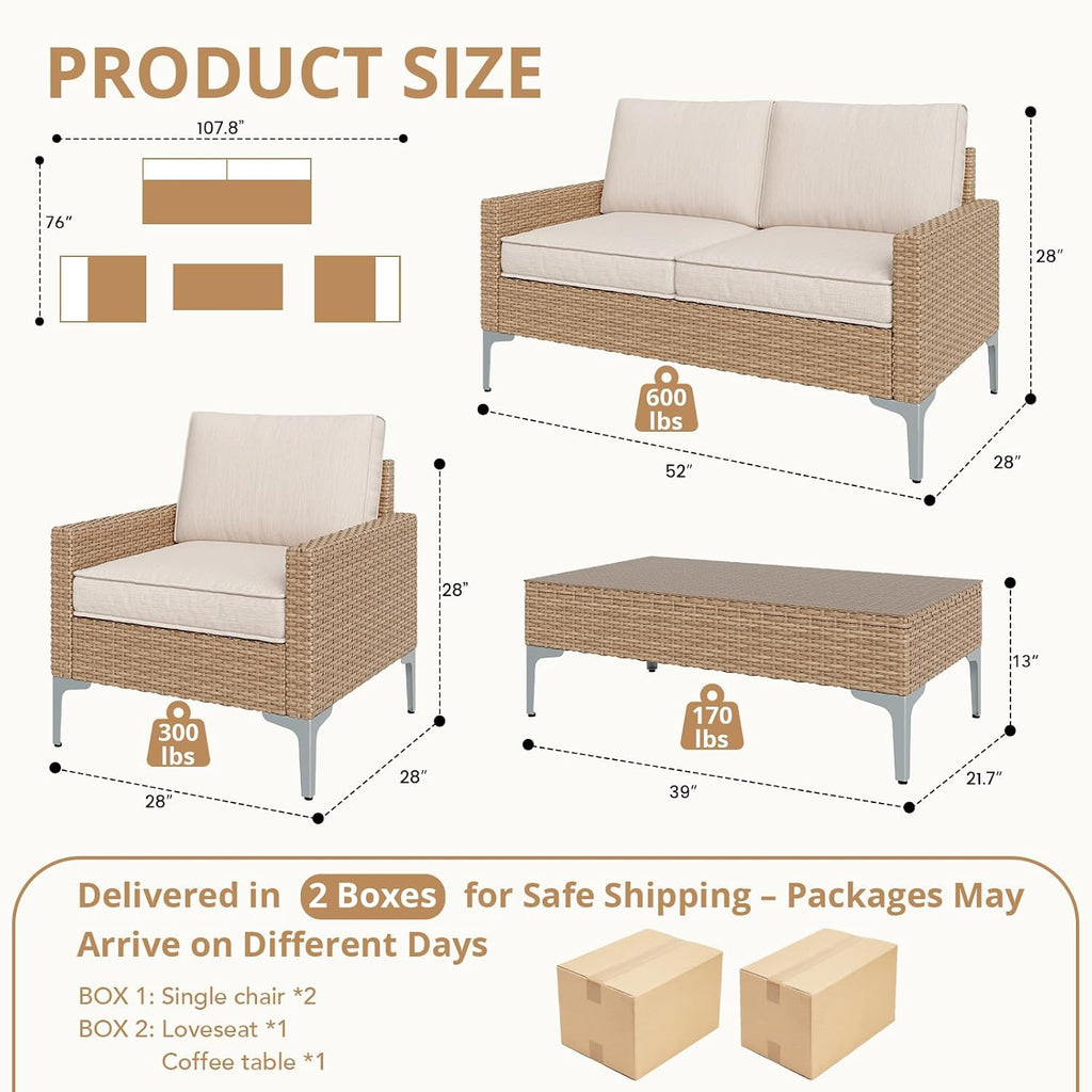 4-Piece Patio Furniture Set, Outdoor Wicker Sectional Sofa with Coffee Table, Anti-Slip & Thick All-Weather Cushions for Garden, Poolside, Backyard, Beige