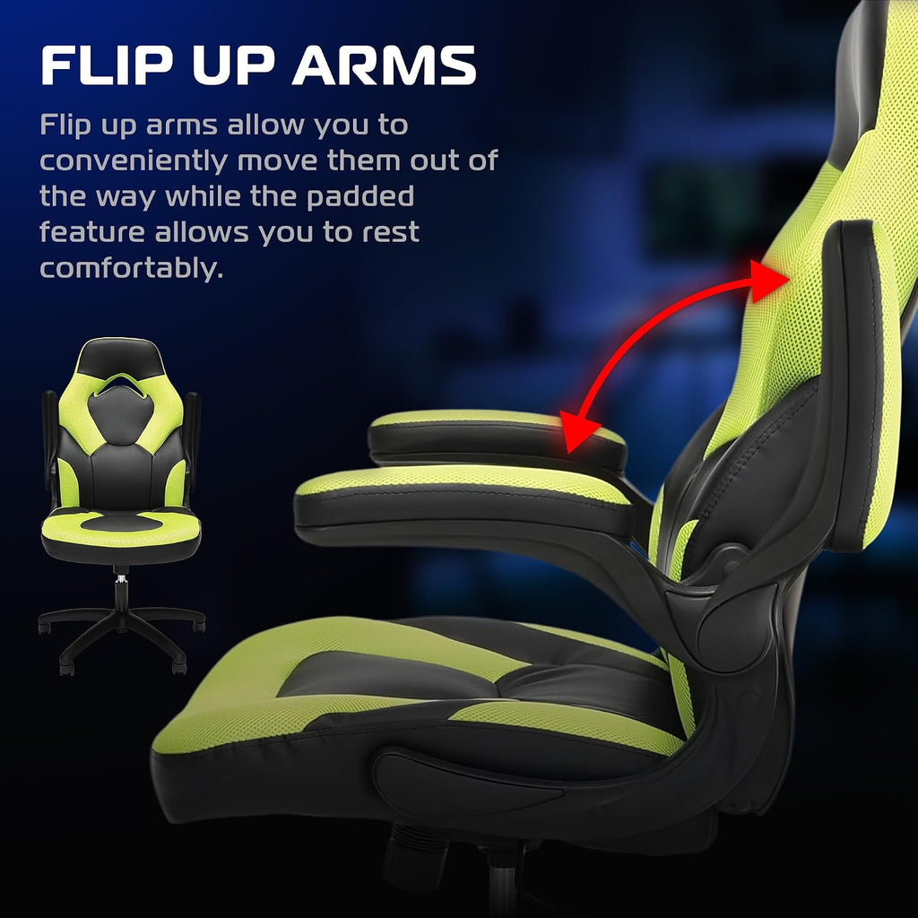 RESPAWN 3085 Ergonomic Gaming Chair for Adults, High Back Office Chair with Headrest and Flip Up Arms, Leather Racing Style Gaming Seat with Lumbar Support, Video Game Computer Desk Seat - Green