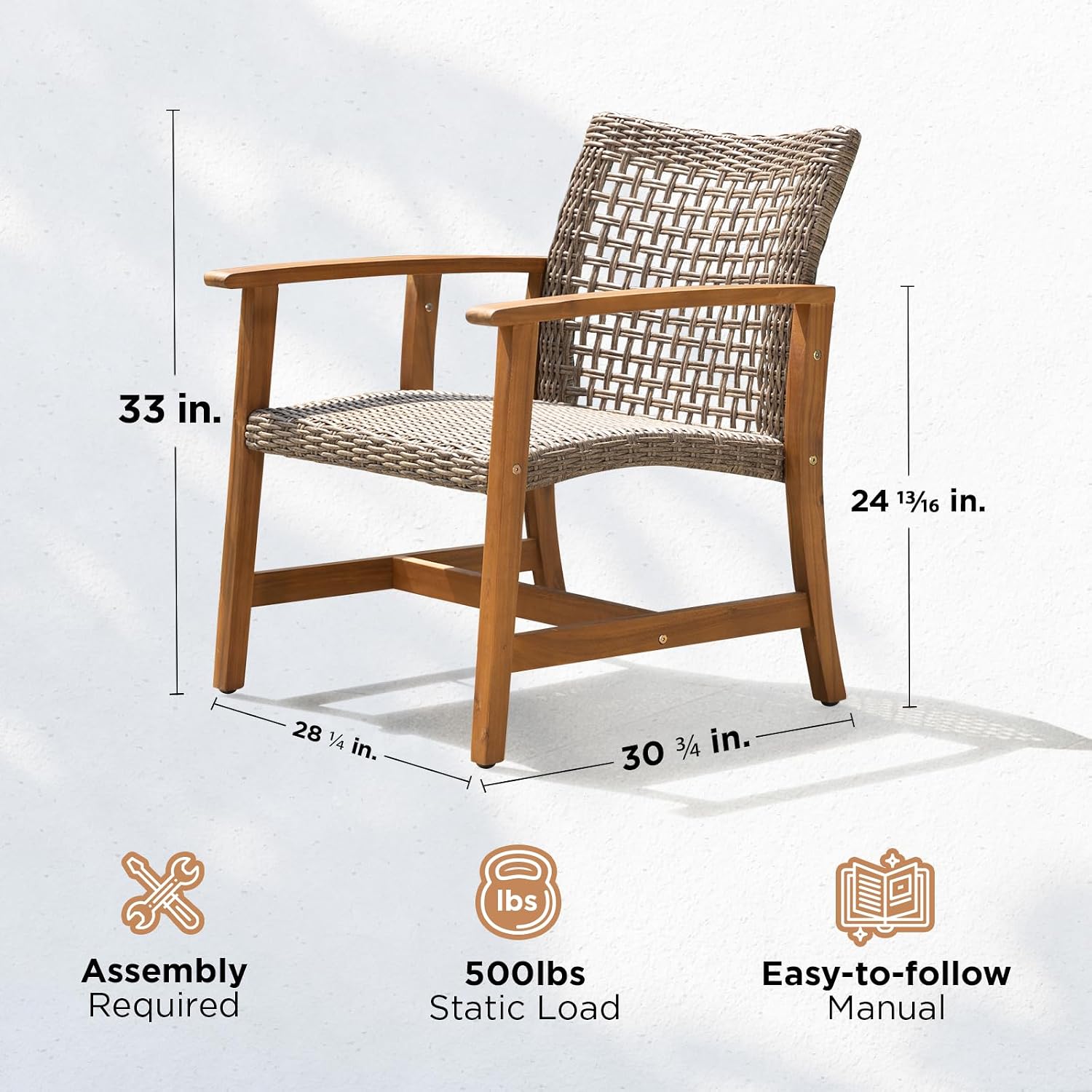 Idzo Liberte Accent Chairs Set of 2, 500lbs Weight Support, Acacia Wood, FSC Teak Finish, UV Protected, Dynamic Gray Wicker, Ideal for patios and Gardens