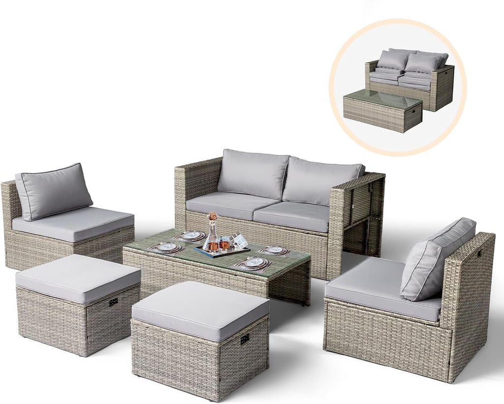VINGLI 6 Pieces Wicker Patio Furniture Set, Outdoor Sectional Furniture Patio Conversation Set Space-Saving Design with Ottomans and Coffee Table for Garden,Poolside, Backyard(Grey)