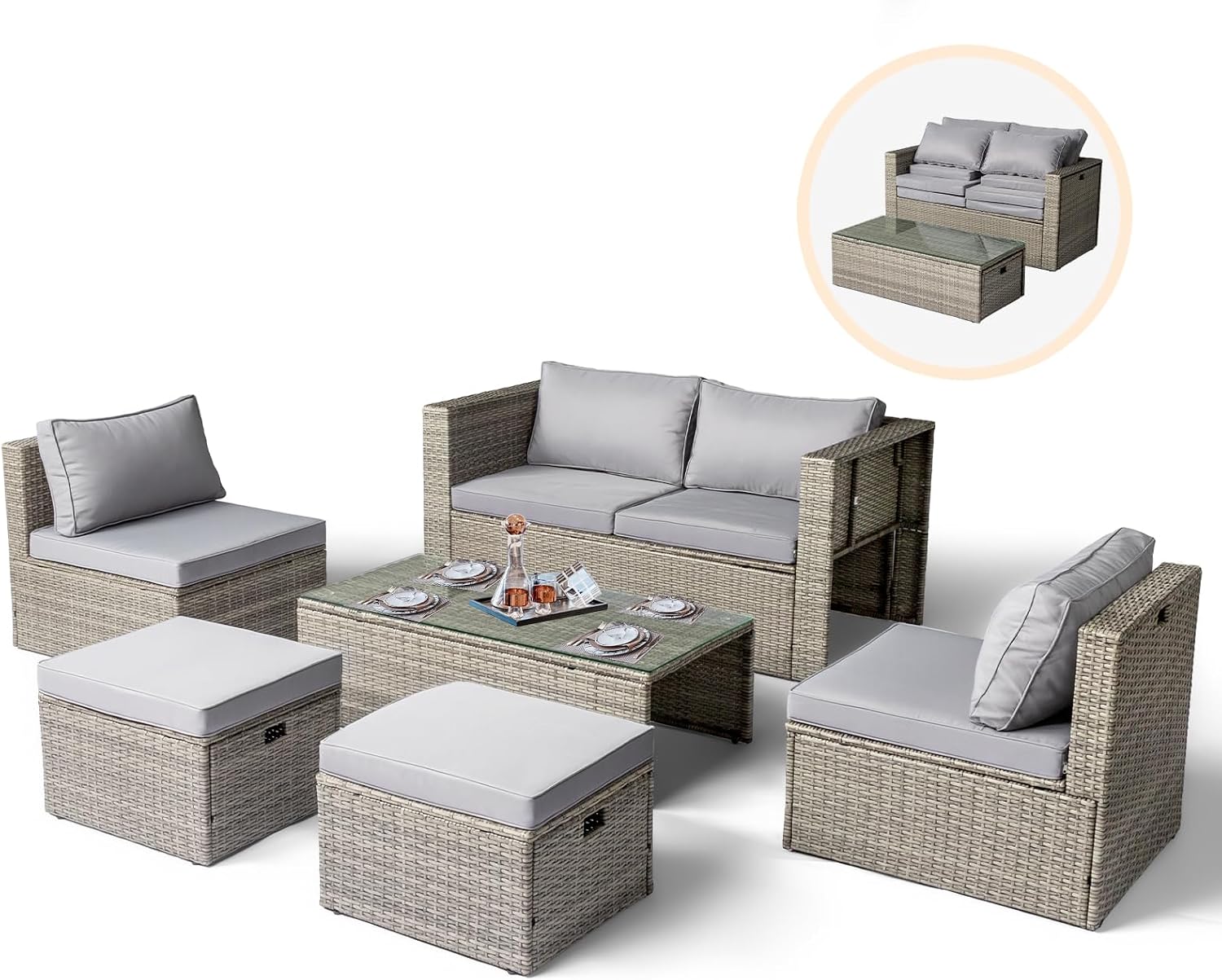 VINGLI 6 Pieces Wicker Patio Furniture Set, Outdoor Sectional Furniture Patio Conversation Set Space-Saving Design with Ottomans and Coffee Table for Garden,Poolside, Backyard(Grey)