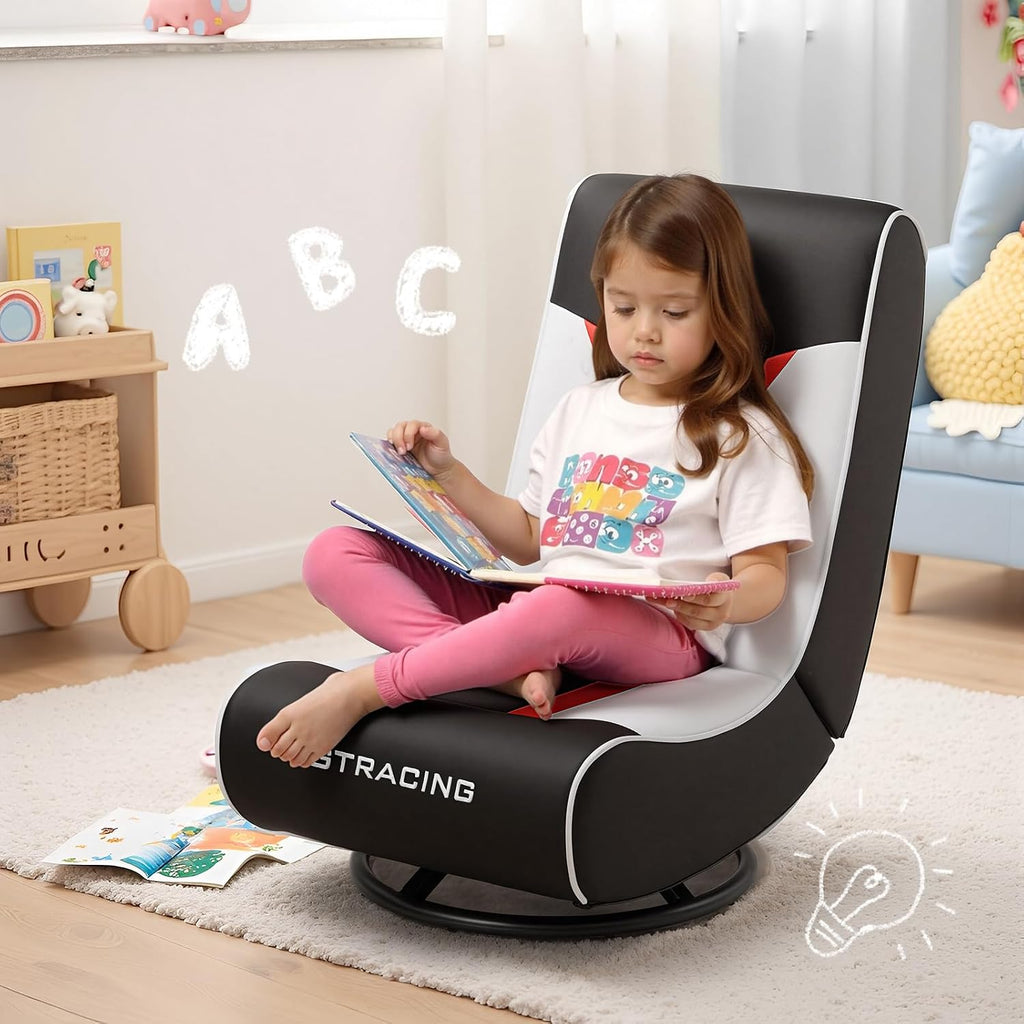 GTPLAYER Floor Gaming Chair Foldable Swivel Floor Chairs for Kids Boys Comfy Video Game Seat with 360° Multipurpose for Gamers, Bedroom or Game Room (Red/White)