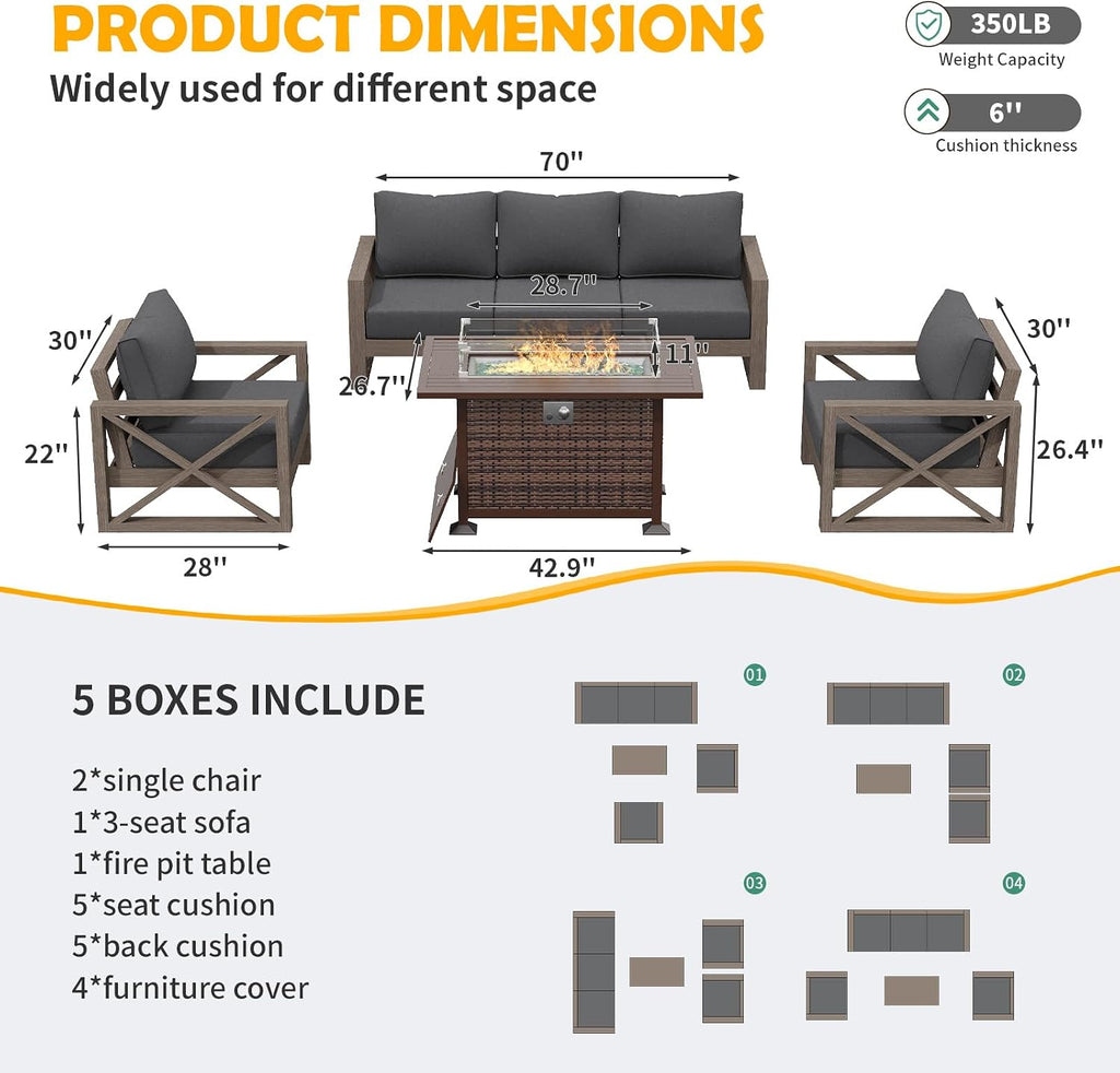 Amopatio Aluminum Patio Furniture Set with Fire Pit, 6 Pcs Metal Patio Sofa Sets with Metal Top Fire Pit Table, Modern Outdoor Furniture with 6' Cushion, Beige (Included Waterproof Covers)