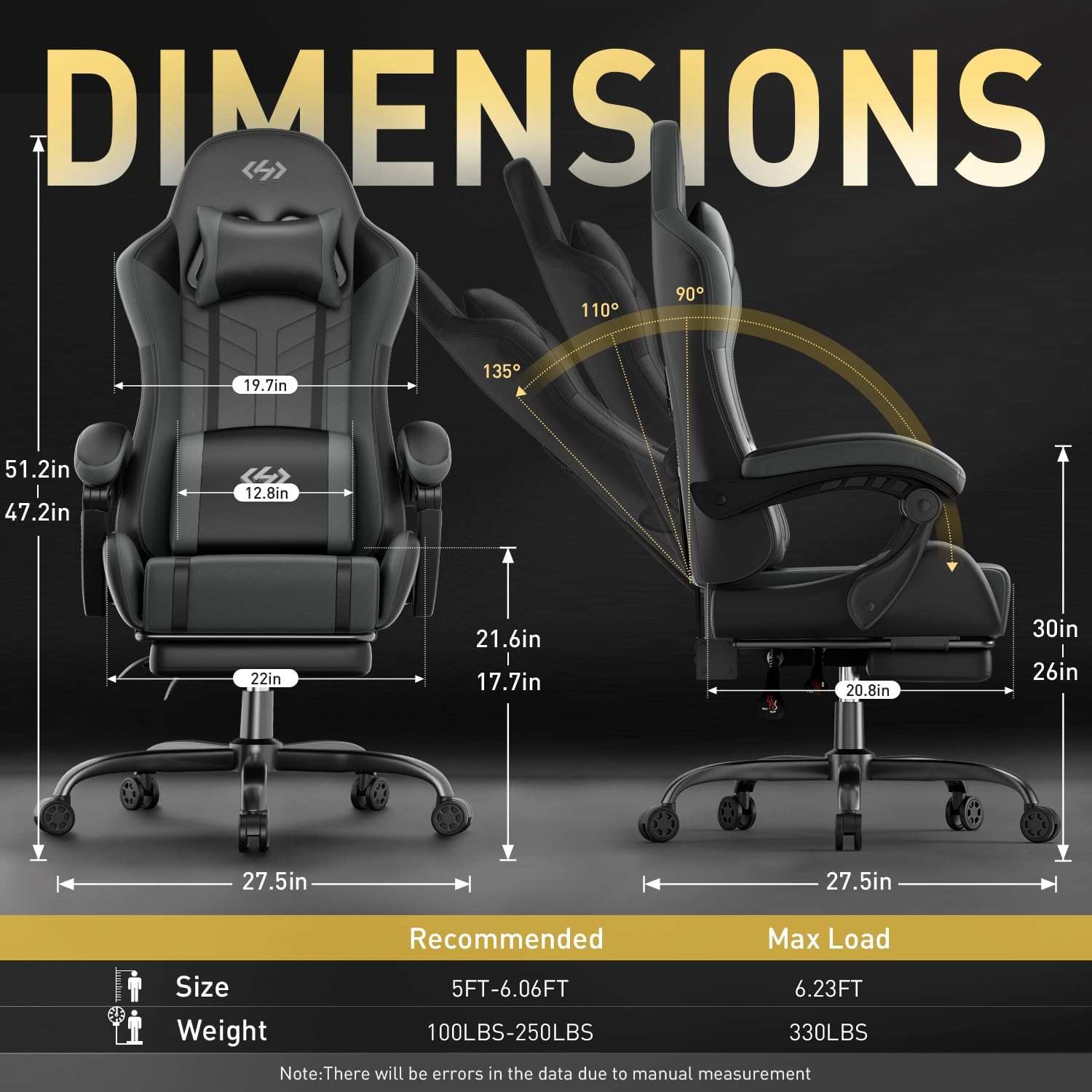 HLDIRECT Gaming Chair, Ergonomic Video Game Seat with 360° Swivel & Lumbar Massage, Computer Chair PU Leather Cushion for Adults Home/Office Use (Black & Grey)