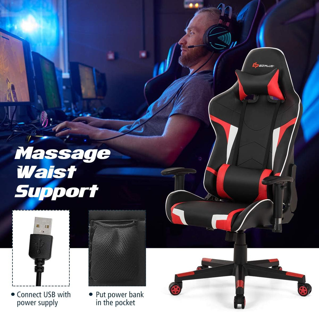Goplus Gaming Massage Office Chair, High Back PU Leather Adjustable Arms Headrest Ergonomic Reclining Racing Chair, Rolling Swivel Executive Computer Chair
