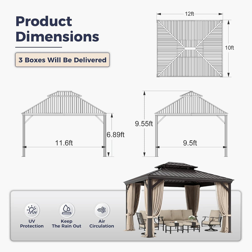 SUNSHINE VALLEY 10'x12' Hardtop Gazebo, Permanent Aluminum Outdoor Gazebo with Galvanized Steel Double Roof & Gutter System, Heavy Duty Patio Pavilion Canopy with Netting and Curtains for Deck, Garden