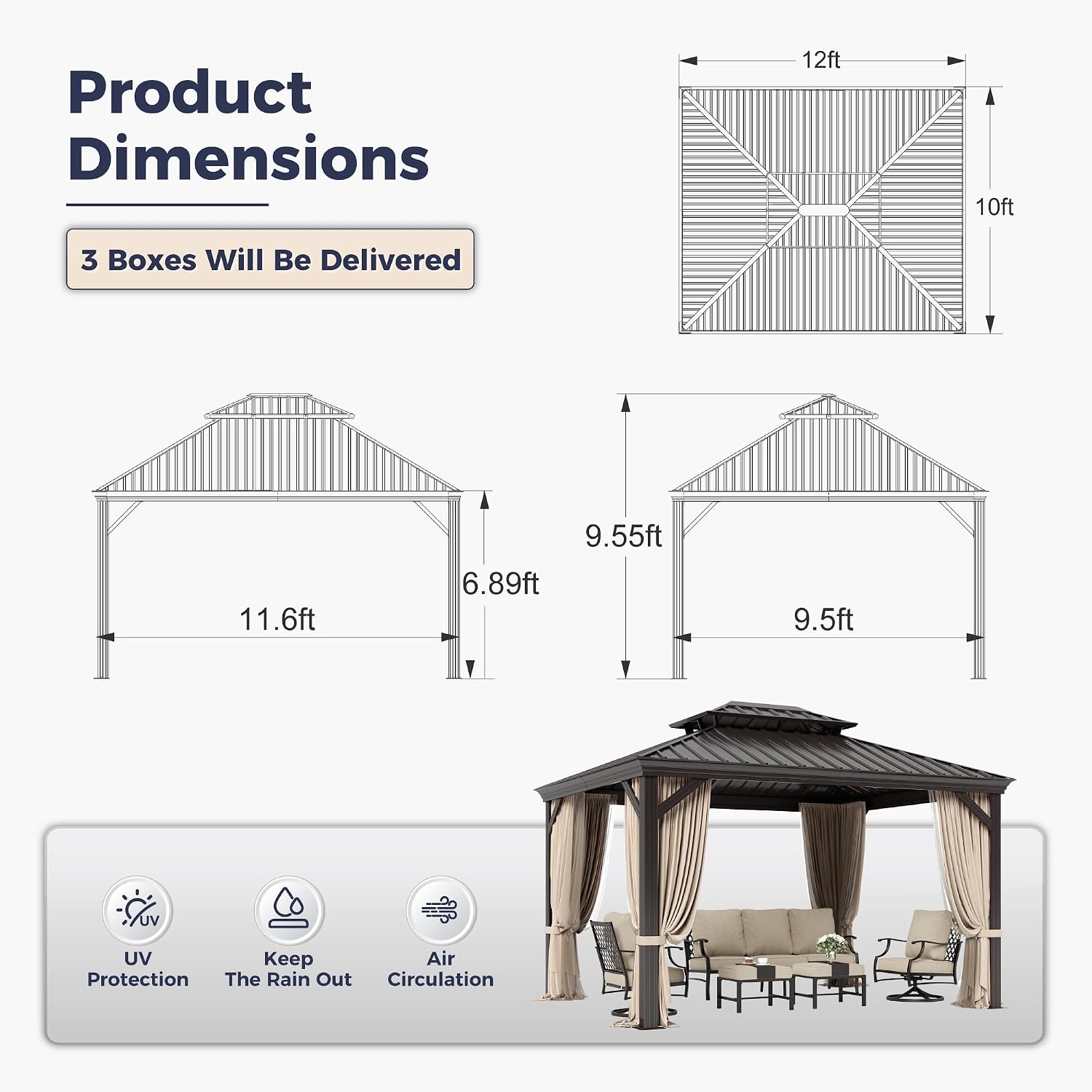 SUNSHINE VALLEY 10'x12' Hardtop Gazebo, Permanent Aluminum Outdoor Gazebo with Galvanized Steel Double Roof & Gutter System, Heavy Duty Patio Pavilion Canopy with Netting and Curtains for Deck, Garden
