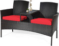COSTWAY 2-Seat Patio Conversation Sets, Outdoor Patio Loveseat Set with Removable Cushions & Built-in Coffee Table for Backyard, Garden, Lawn, Balcony, Brown+Red