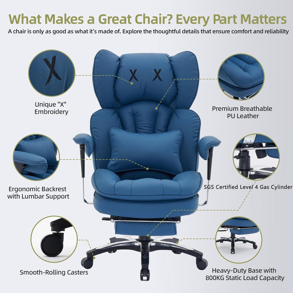 Efomao Big and Tall Office Chair with Footrest – High Back Computer Chair with Adjustable Armrests，Executive Office Chair with Wide Seat, Modern Desk Chair for Home Office, Gaming, or Study, Blue