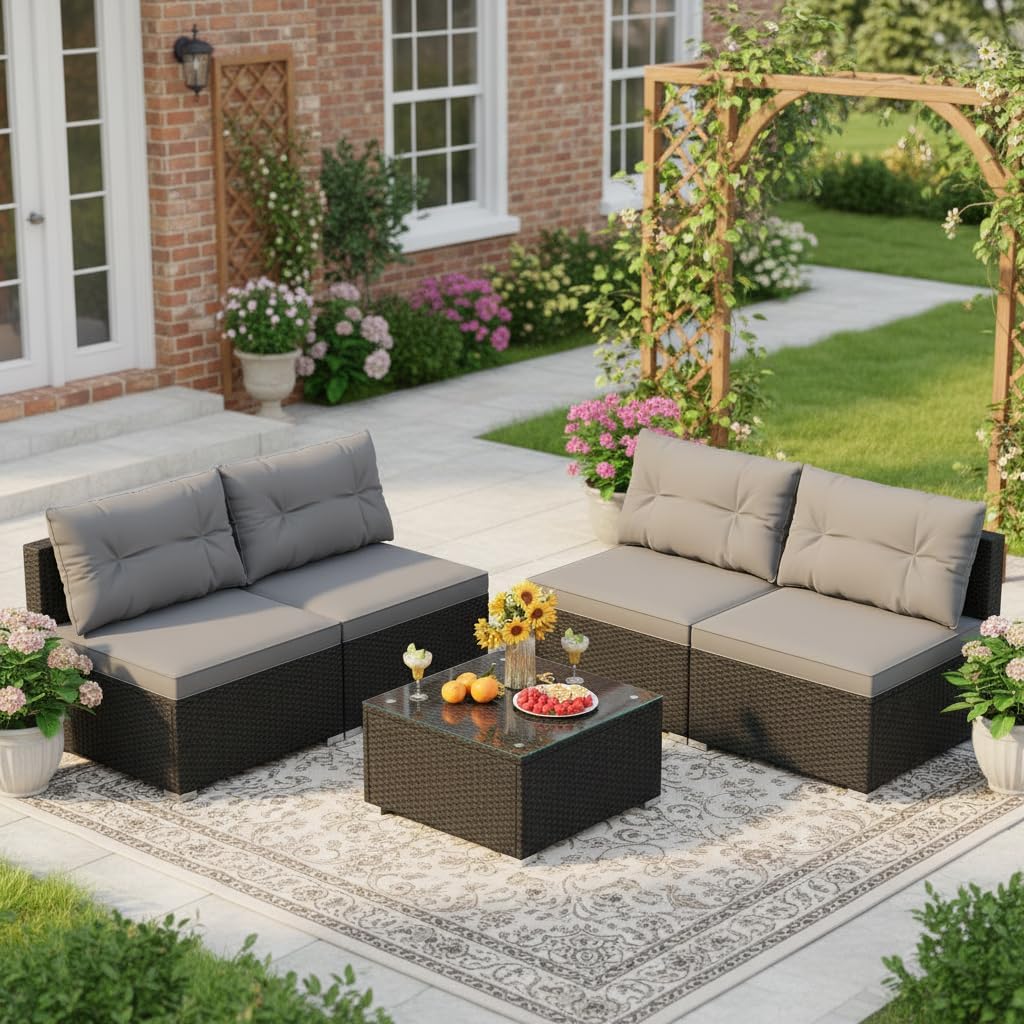 Tangkula 5 Piece Rattan Sofa Set, Outdoor Wicker Furniture Set w/Seat & Back Cushions, Square Coffee Table, Patio Sectional Sofa Set for Backyard, Poolside, Garden (Grey)