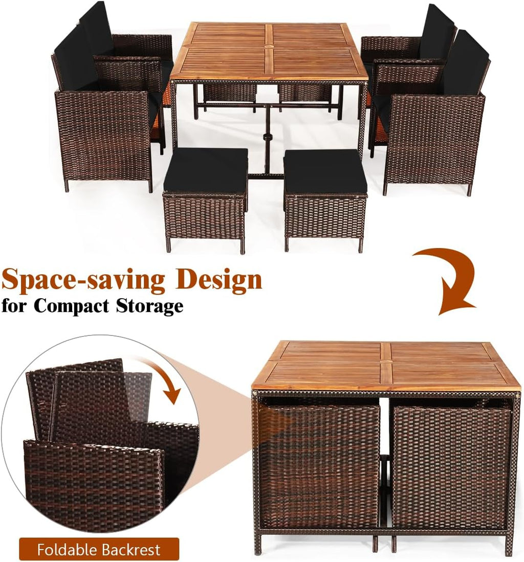 Tangkula 9 Pieces Acacia Wood Patio Dining Set, Space Saving Wicker Chairs and Wood Table with Umbrella Hole Outdoor Furniture Set, Suitable for Garden, Yard, Poolside, Outdoor Seating Set (Black)
