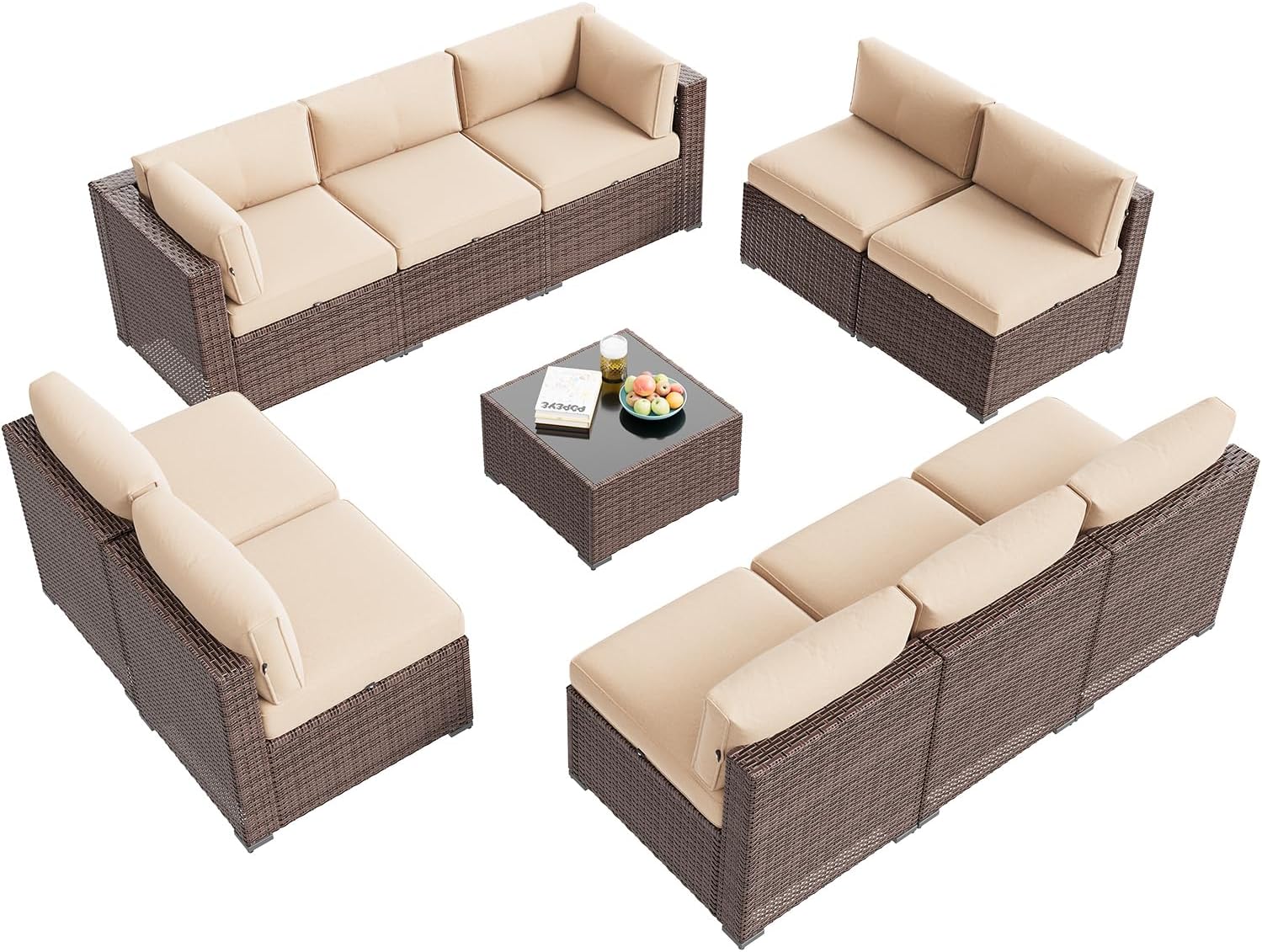 Aoxun Patio Furniture Set, 11 Piece Outdoor Sectional Sofas with Waterprool Cover, 10 Seats Wicker Rattan Outdoor Furniture Patio Conversation Set for Backyard, Garden (Brown Rattan Begin Cushions)