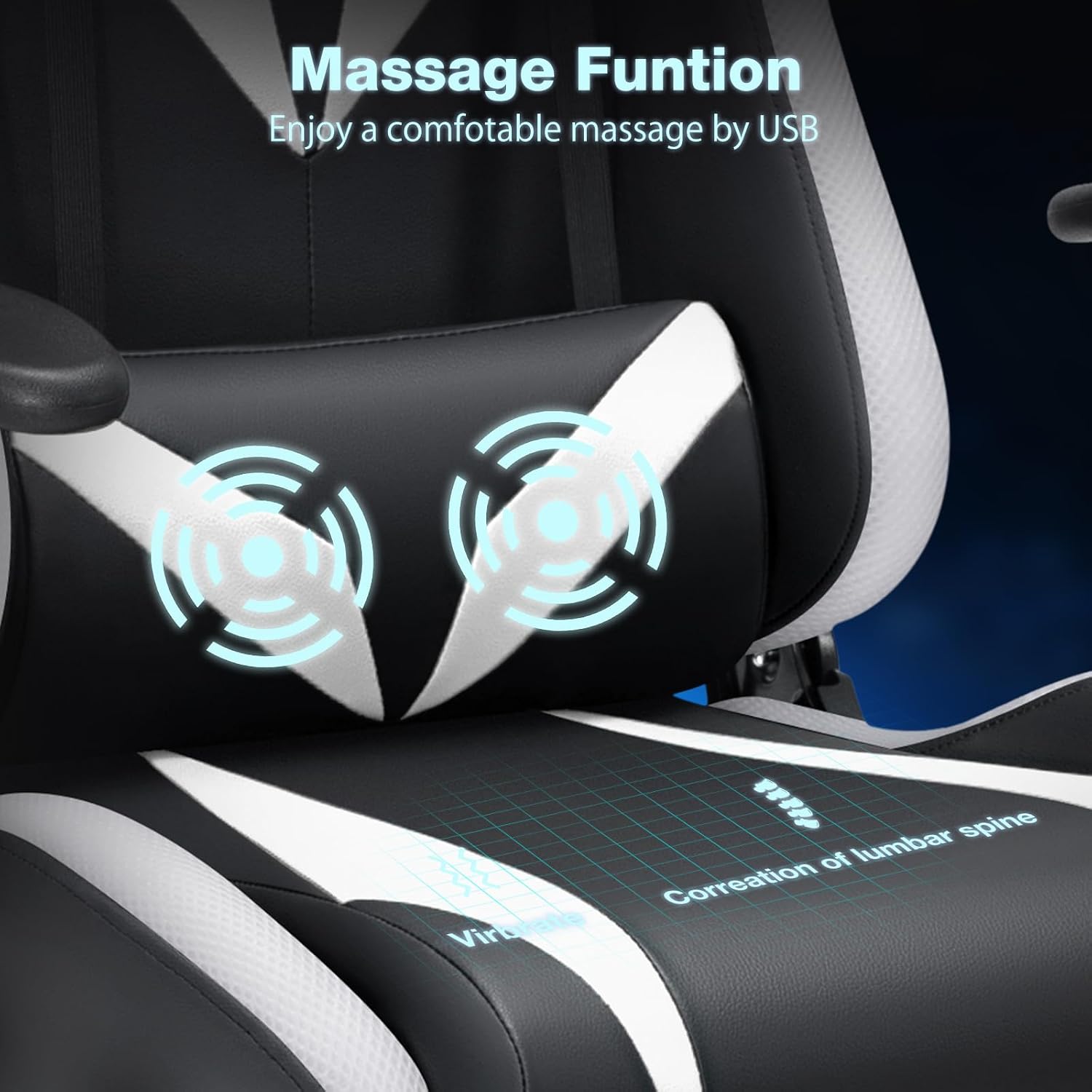 HOFFREE Gaming Chair with Bluetooth Speakers and Led Lights Massage Video Game Chair with Footrest Reclining High Back Computer Gamer Chair White and Black