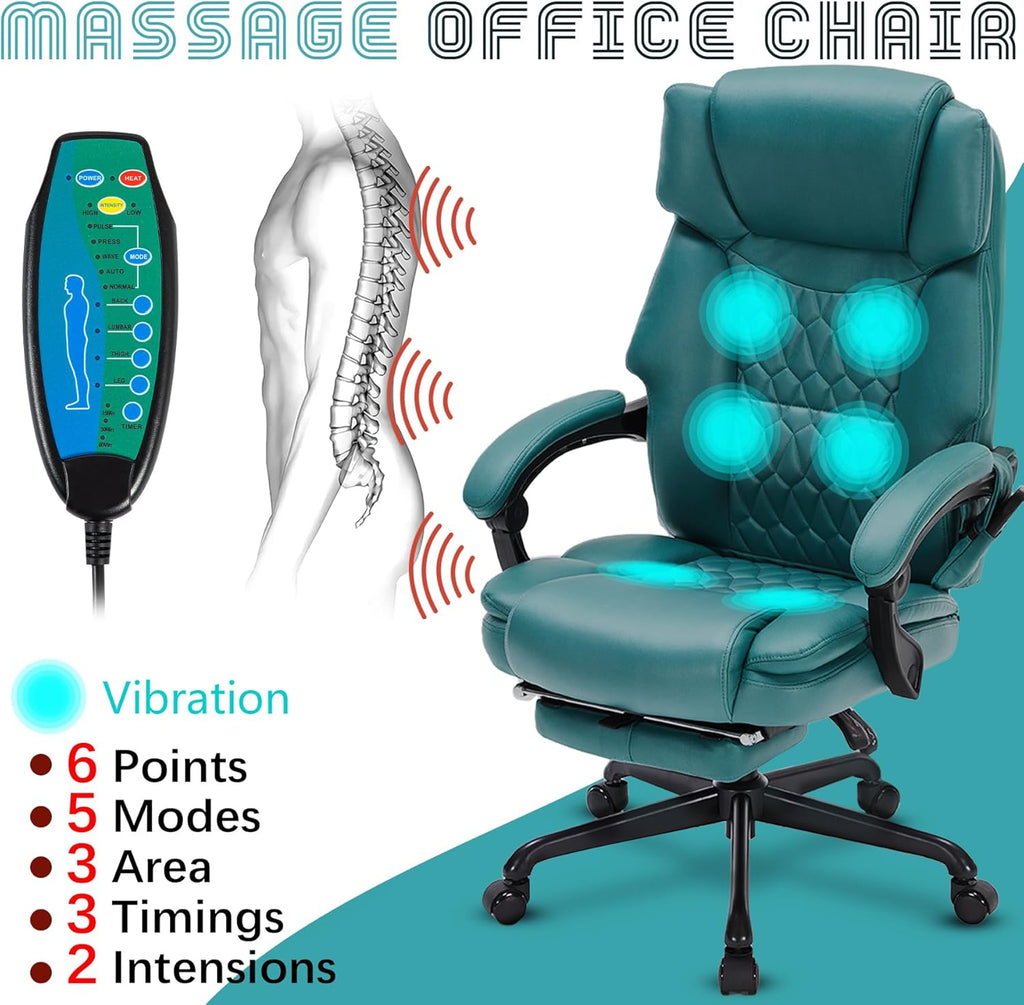 Massage Office Chair with Foot Rest 6 Points Vibration and Heat Home Office Desk Chairs for Heavy People 400lbs Reclining Managerial Chairs Ergonomic Executive Chair (Teal Blue)