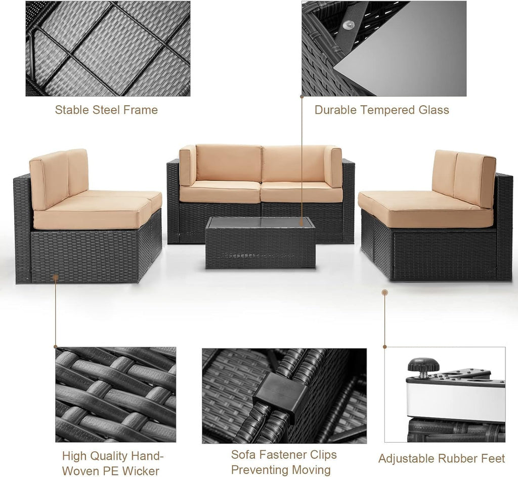 U-MAX 7 Piece Outdoor Patio Furniture Set, PE Rattan Patio Wicker Sectional Furniture Chair Set with Cushions and Tea Table, (Black Rattan&Beige Cushion with Cover)