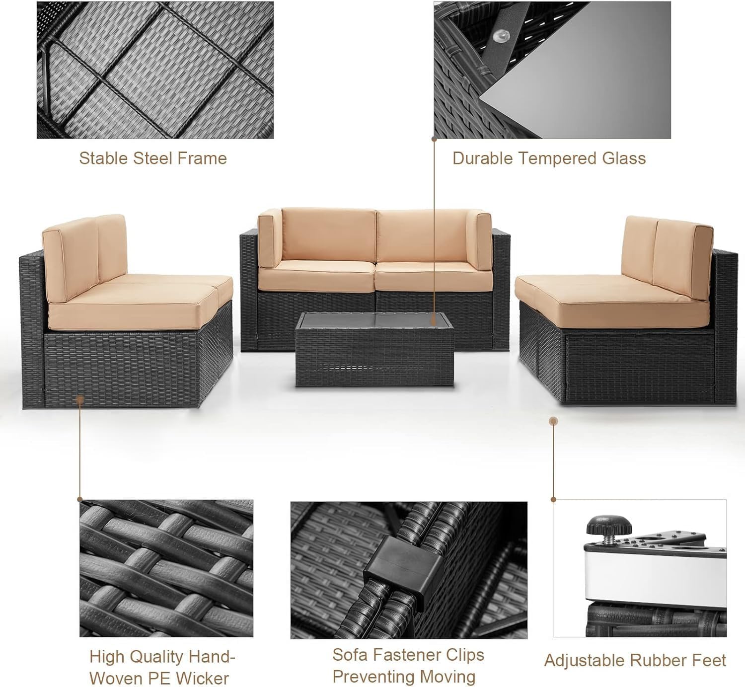 U-MAX 7 Piece Outdoor Patio Furniture Set, PE Rattan Patio Wicker Sectional Furniture Chair Set with Cushions and Tea Table, (Black Rattan&Beige Cushion with Cover)