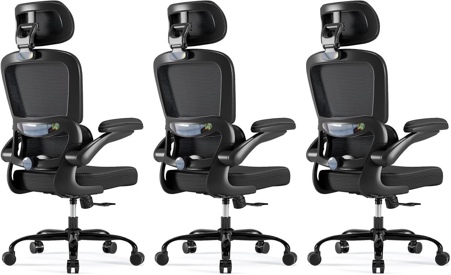 TRALT Ergonomic Office Chair - Desk Chair with Adjustable Headrest Lumbar Support Computer Chair - Mesh Comfy Chair with Flip-up Armrests - Gaming Chair for Adults Home Office PU, Black, Pack of 3