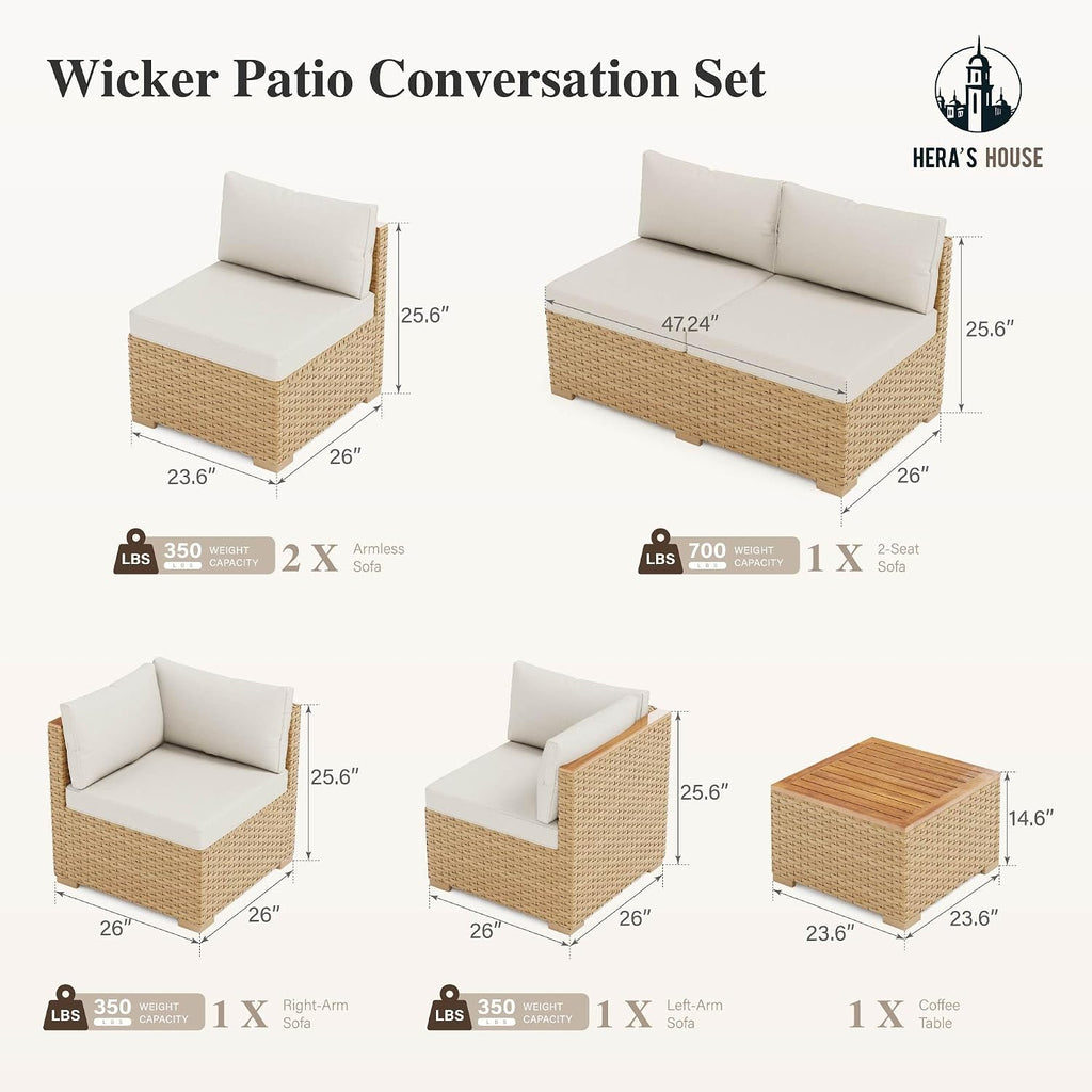 HERA'S HOUSE Wicker Patio Furniture Set, 5 Pieces Outdoor Sectional Sets with 6 Seats, Rattan Conversation Set with Sofa and Wood Coffee Table for Garden and Backyard, l Shape Boho Balcony Couch Set
