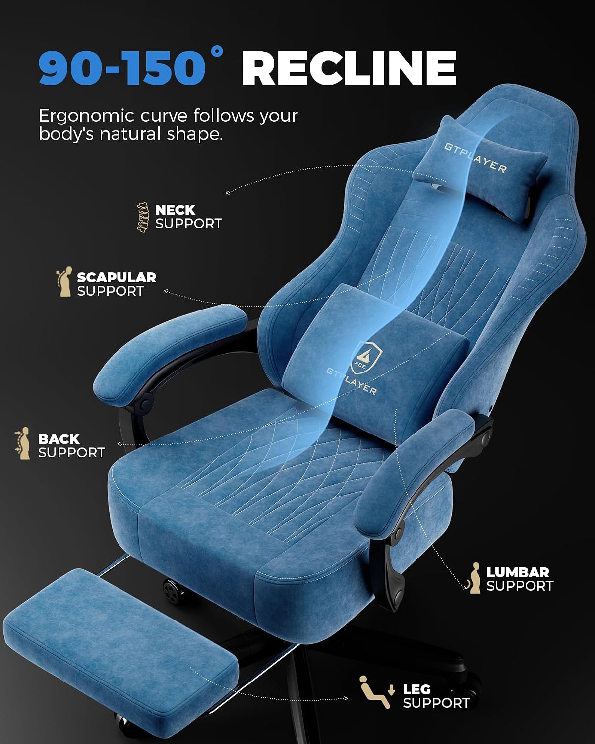 GTPLAYER Gaming Chair for Adults, Ergonomic Video Game Chairs, Footrest & Linkage Armrest, Reclining High Back Silla Gamer with Wider Seat for Home Office, Ace Pro, Blue(Velvet)