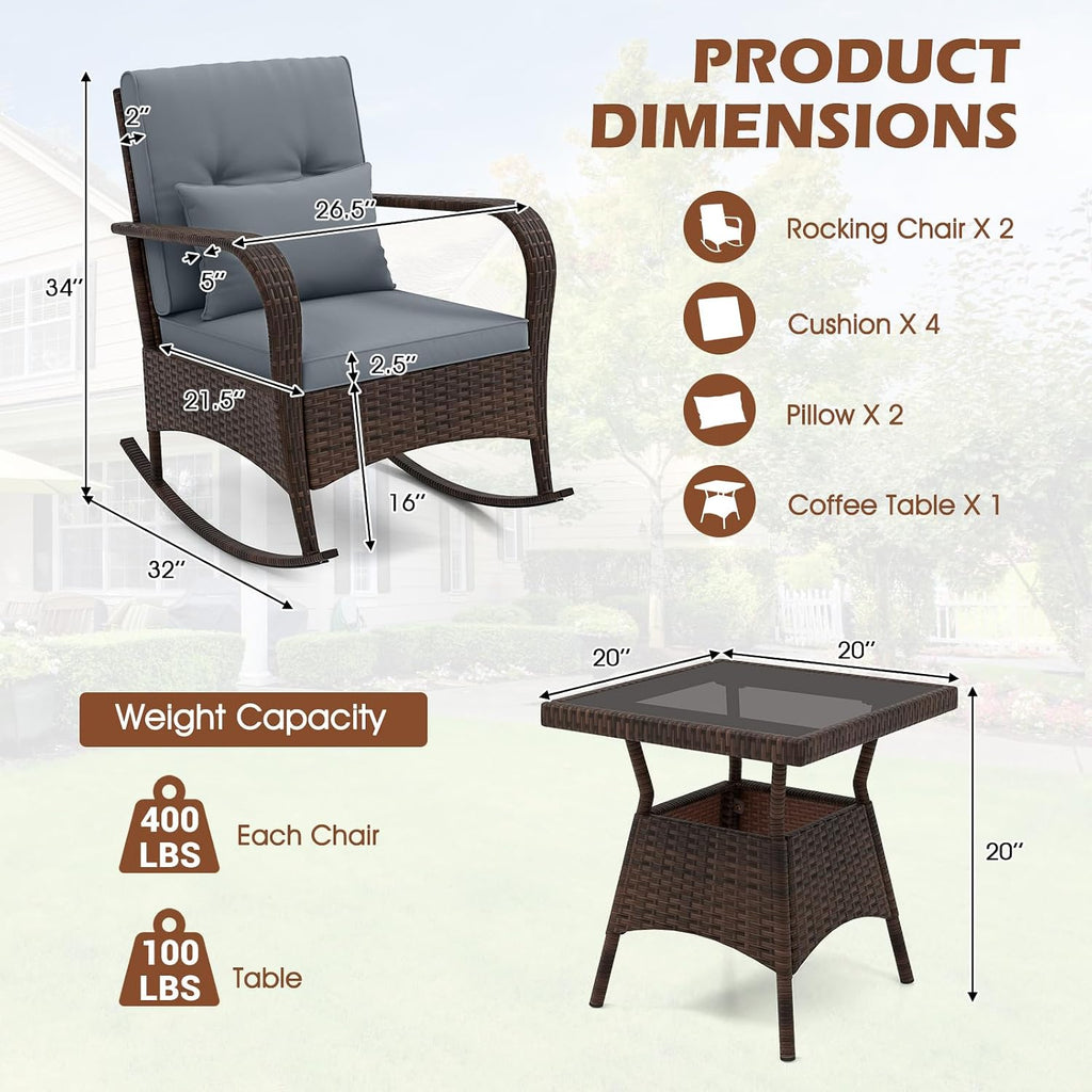 ORALNER 3 Pieces Patio Furniture Set, Outdoor Wicker Rocking Chairs with Cushions, Pillows, Glass Coffee Table, Rattan Bistro Rocker Set for Balcony Front Porch Poolside Garden Deck Yard (Grey)