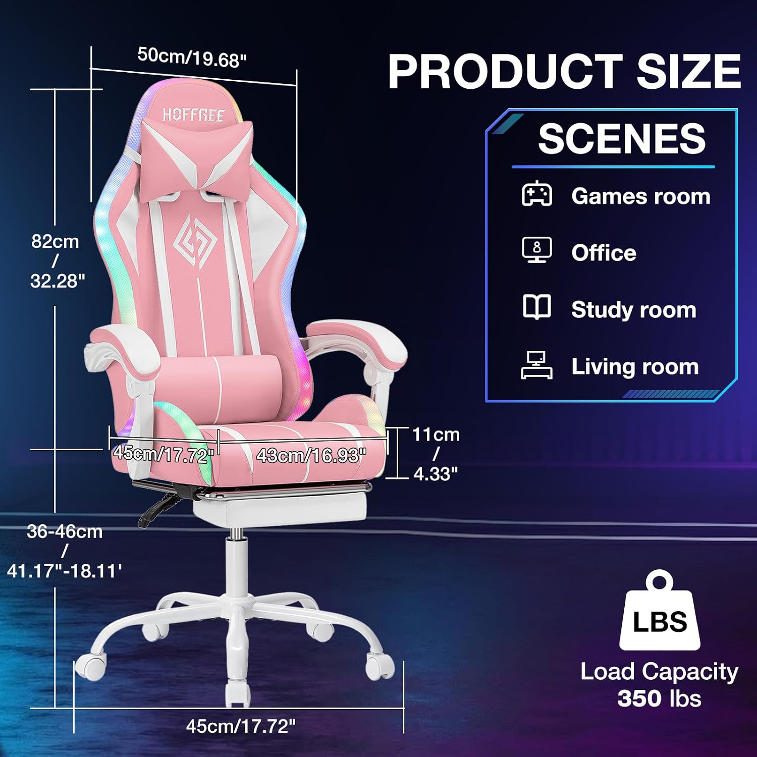 RGB Gaming Chair with Massage and LED Lights Ergonomic Computer Chair with Footrest High Back Reclining Video Game Chair with Adjustable Lumbar Support Light Pink and White