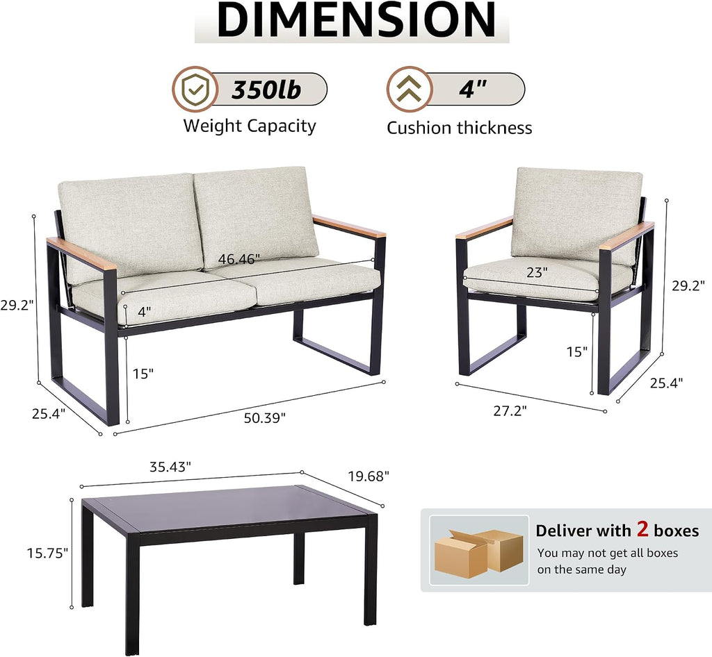 NATURAL EXPRESSIONS 4 Pieces Patio Furniture Sets,Metal Outdoor Patio Furniture Sets,Outdoor Sectional Patio Conversation Set,Wooden Anti-Scald Armrest,Sling Mesh,4' Olefin Cushions