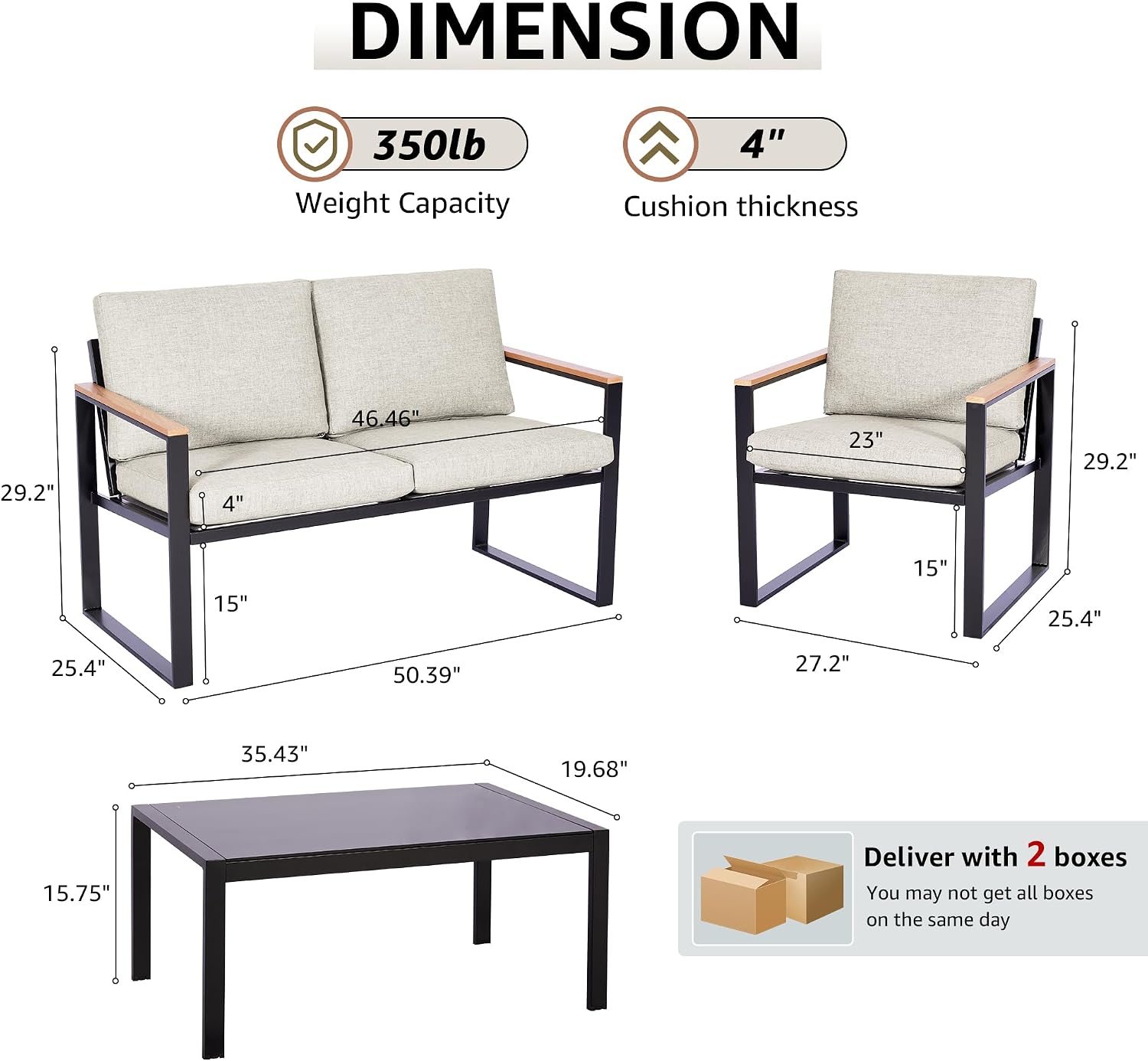 NATURAL EXPRESSIONS 4 Pieces Patio Furniture Sets,Metal Outdoor Patio Furniture Sets,Outdoor Sectional Patio Conversation Set,Wooden Anti-Scald Armrest,Sling Mesh,4' Olefin Cushions