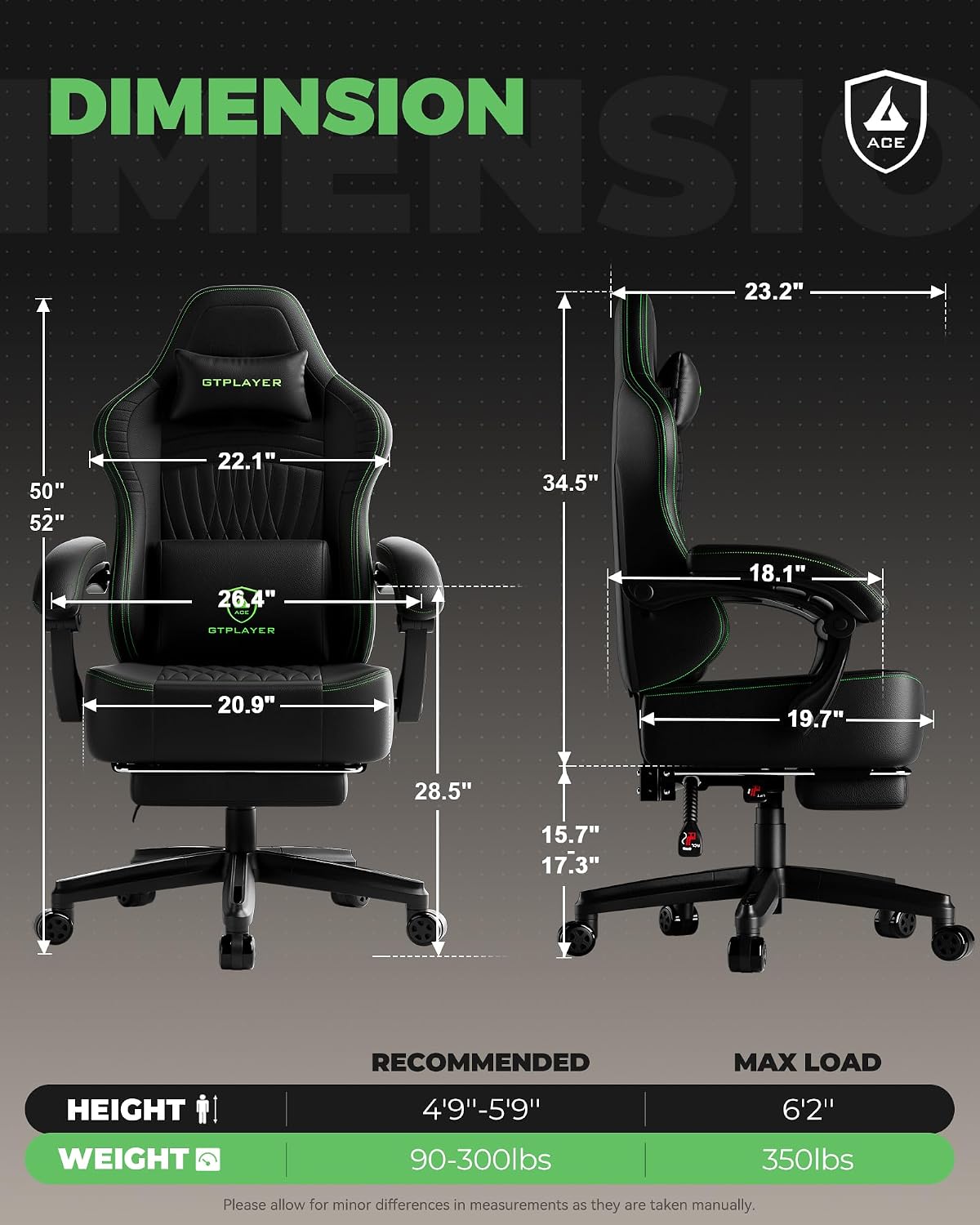 GTPLAYER Big and Tall Gaming Chair with Footrest, Extra Wide Seat Video Game Chairs for Adults - Padded High Back Ergonomic Reclining Silla Gamer, Linkage Armrest, Ace Pro, Green
