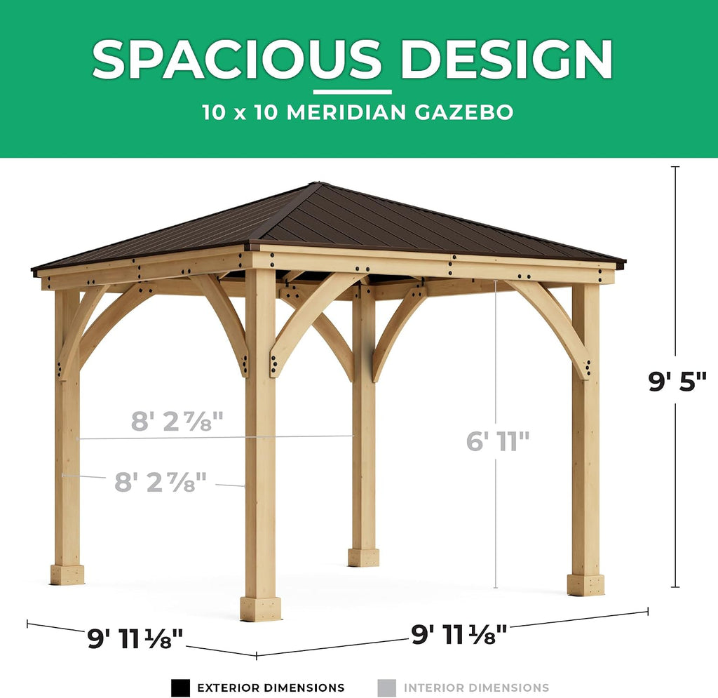 Yardistry 10 x 10 Meridian Cedar Gazebo Pavilion for Patios, Decks, Garden, Backyard, Durable, Aluminum Roof