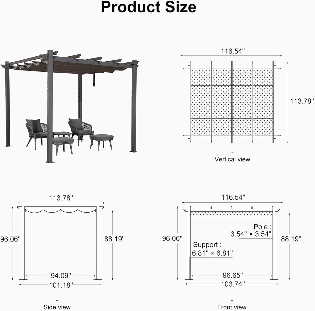 PURPLE LEAF 10' X 10' Outdoor Retractable Pergola with Sun Shade Canopy Patio Metal Shelter for Garden Porch Beach Pavilion Grill Gazebo Modern Yard Grape Trellis Pergola, Gray
