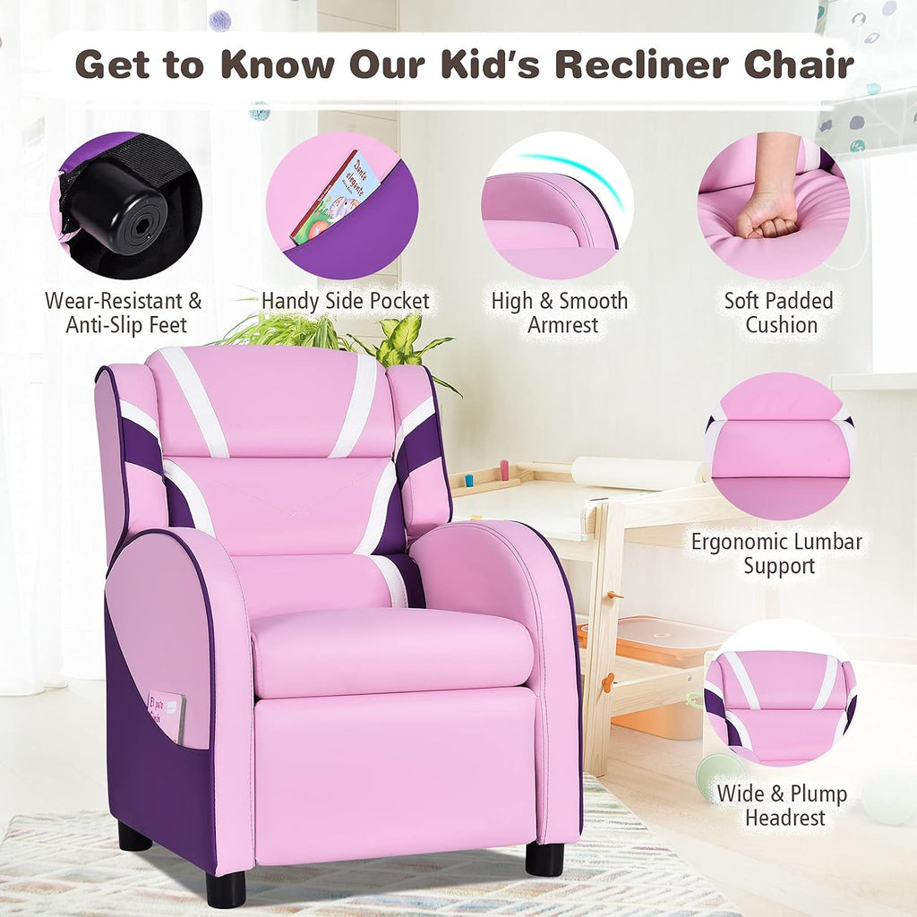 Costzon Kids Recliner, Gaming Recliner Chair w/Footrest, Headrest, Lumbar Support & Side Pockets, Ergonomic Leather Lounge Chair for Living & Gaming Room, Adjustable Recliner Sofa for Boys Girls, Pink