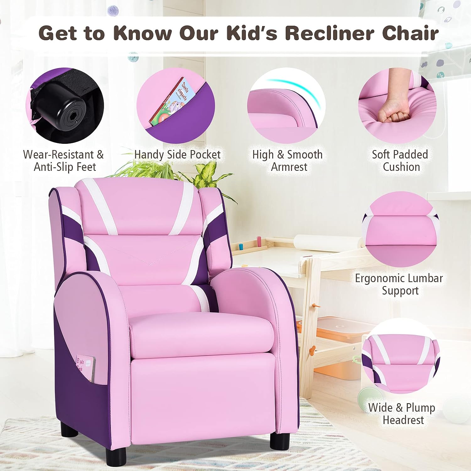 Costzon Kids Recliner, Gaming Recliner Chair w/Footrest, Headrest, Lumbar Support & Side Pockets, Ergonomic Leather Lounge Chair for Living & Gaming Room, Adjustable Recliner Sofa for Boys Girls, Pink