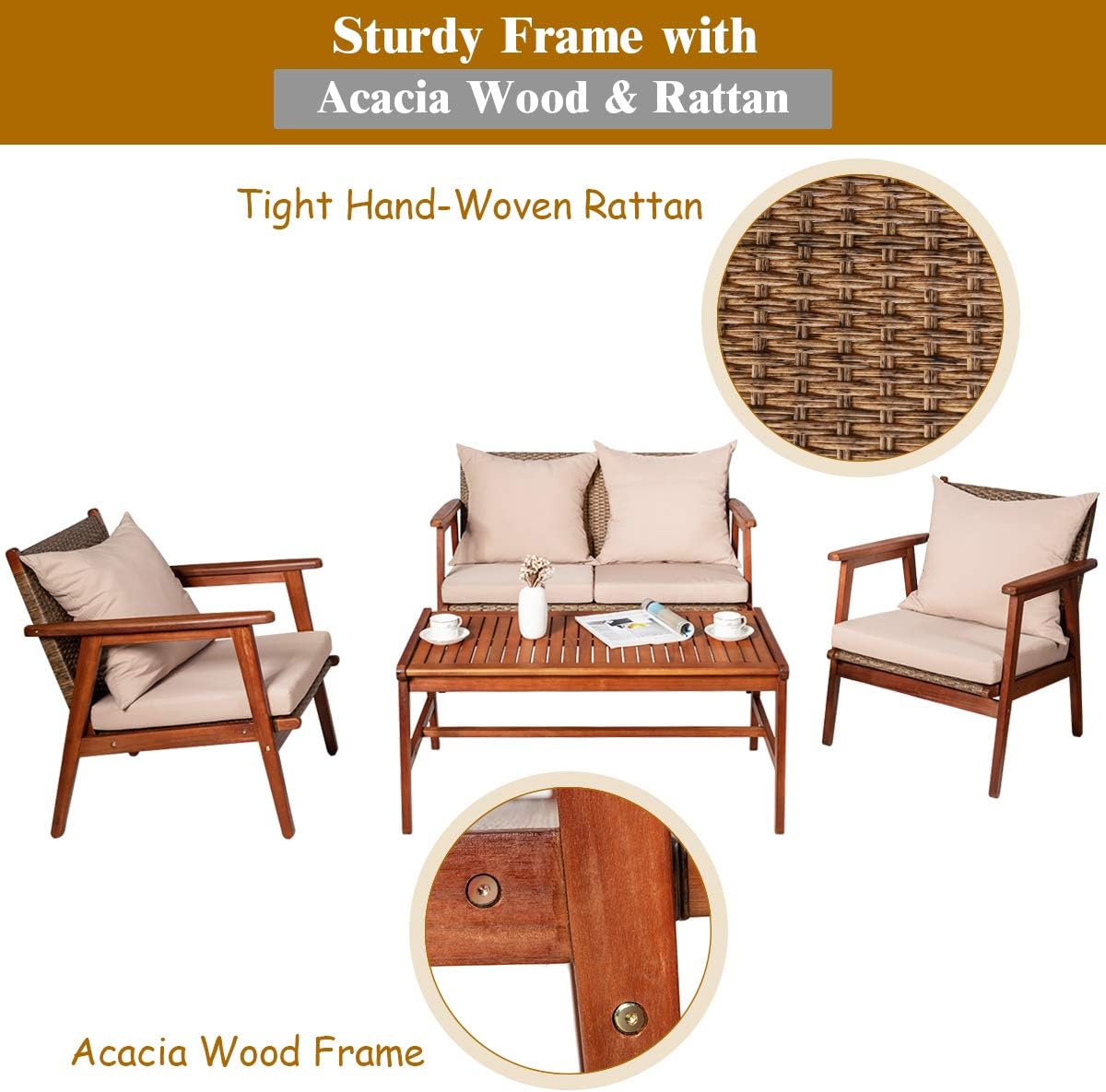 Tangkula 8 PCS Patio Wood Sofa Set, Outdoor Acacia Wood Seating Chat Set with Cushions & Coffee Table, Sectional Conversation Sofa Set for Garden, Backyard, Poolside (2, Brown)