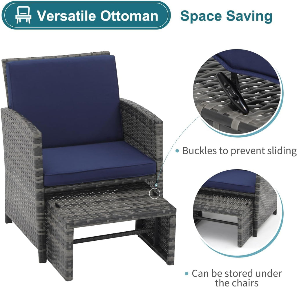 OC Orange-Casual 5 Piece Patio Furniture Set, Wicker Outdoor Conversation Chair and Ottoman Set with Coffee Table, Pillows Included, for Balcony, Porch, Deck, Navy Blue